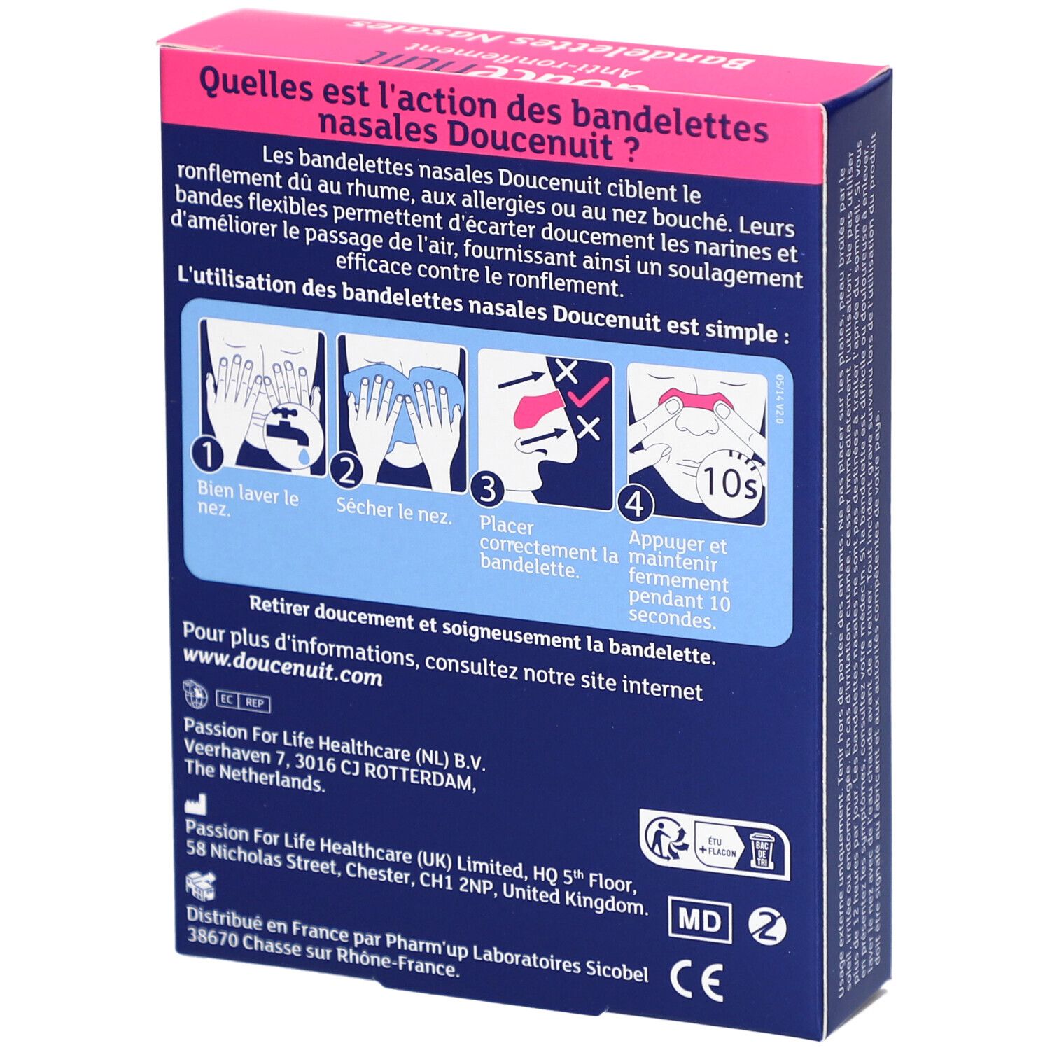 Achterkant van de "doucenuit" neusstrips verpakking. Instructies en informatie. CE-markering.