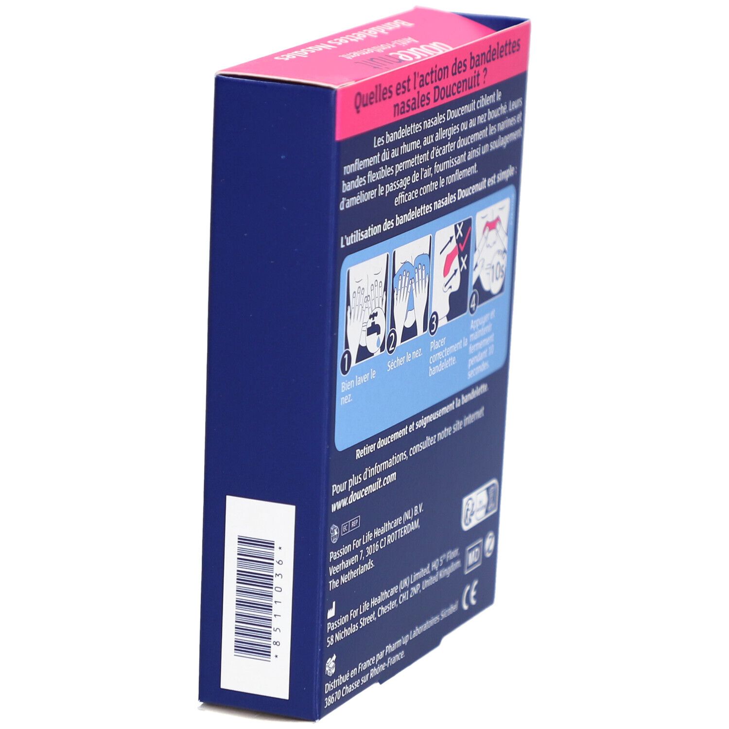 Zijaanzicht van de "doucenuit" neusstrips verpakking. Barcode en informatie.
