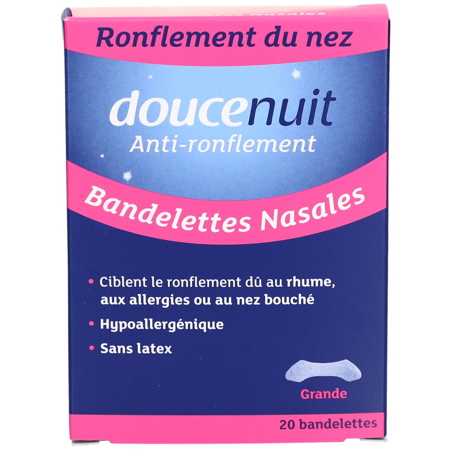 Doosje "doucenuit" anti-snurk neusstrips. Blauwe en roze verpakking. Bevat 20 strips.