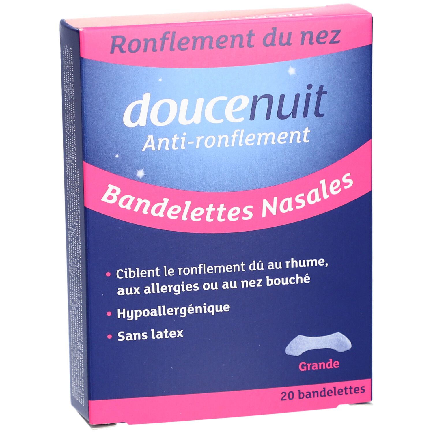 Doosje "doucenuit" anti-snurk neusstrips. Blauwe en roze verpakking. Bevat 20 strips.