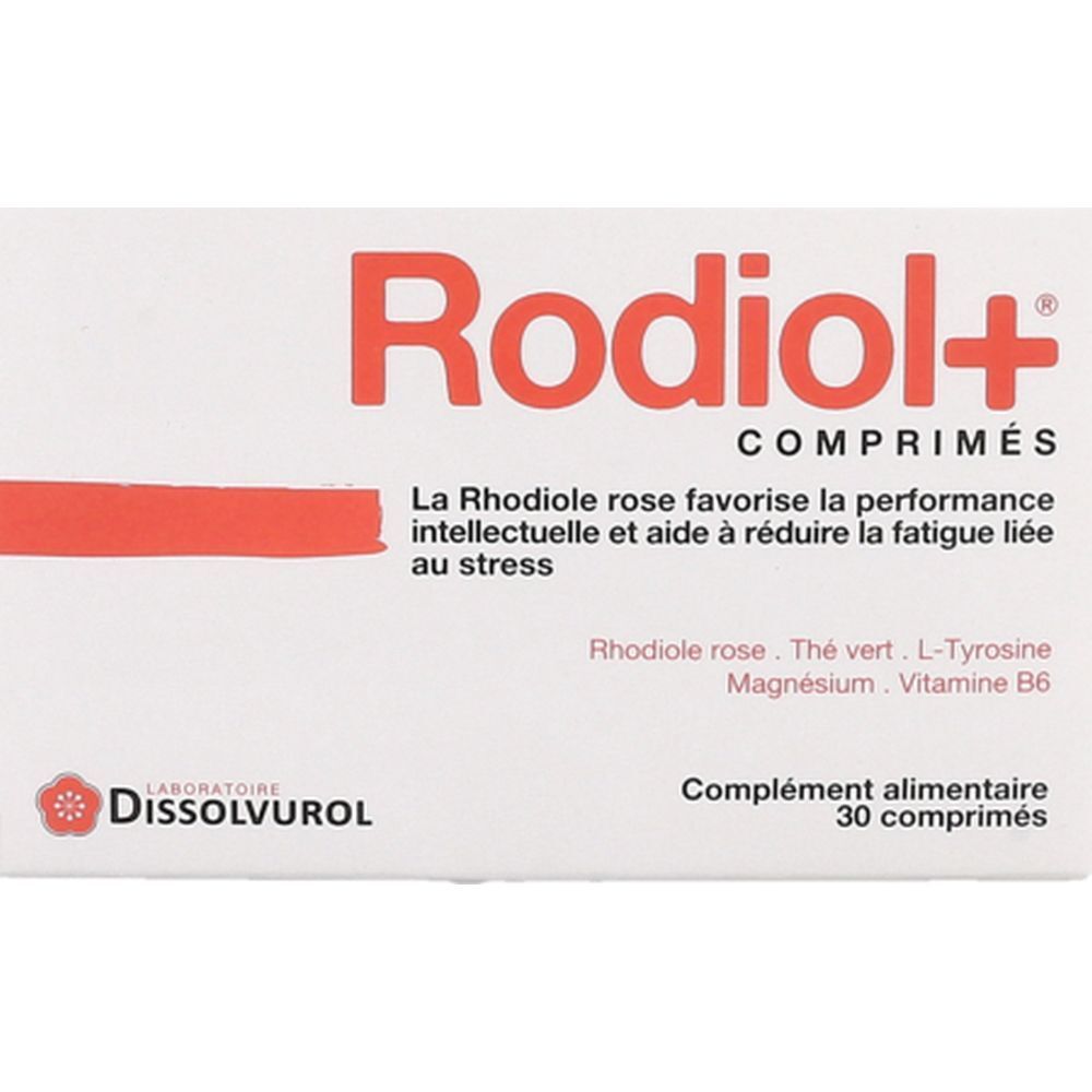 Boîte blanche avec texte rouge Rodiol+ Comprimés. Contient 30 comprimés. Marque Dissolvurol.