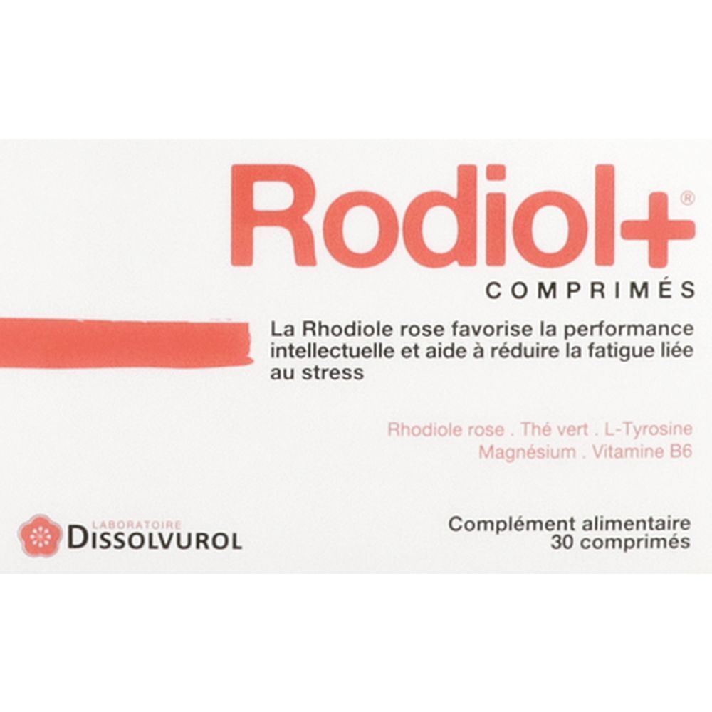 Boîte blanche avec texte rouge Rodiol+ Comprimés. Contient 30 comprimés. Marque Dissolvurol.