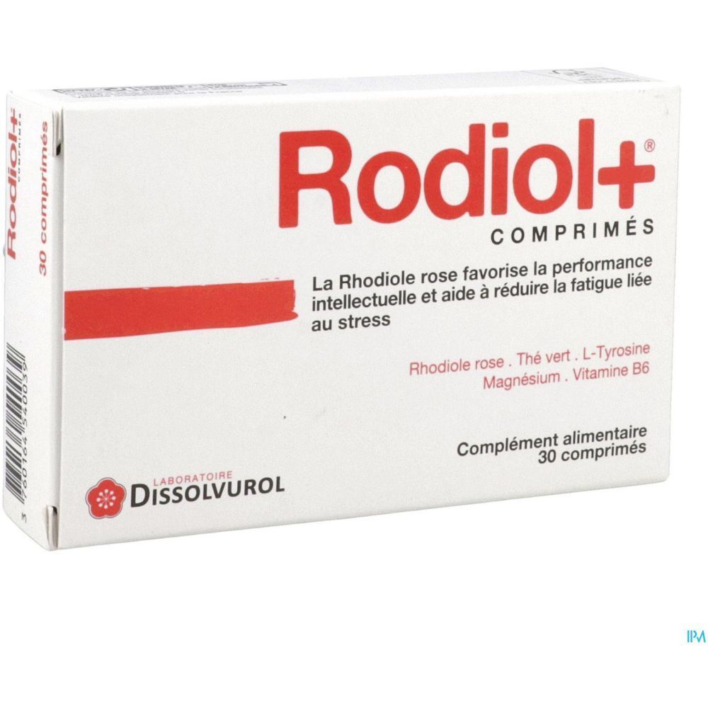Boîte blanche avec texte rouge Rodiol+ Comprimés. Contient 30 comprimés. Marque Dissolvurol.