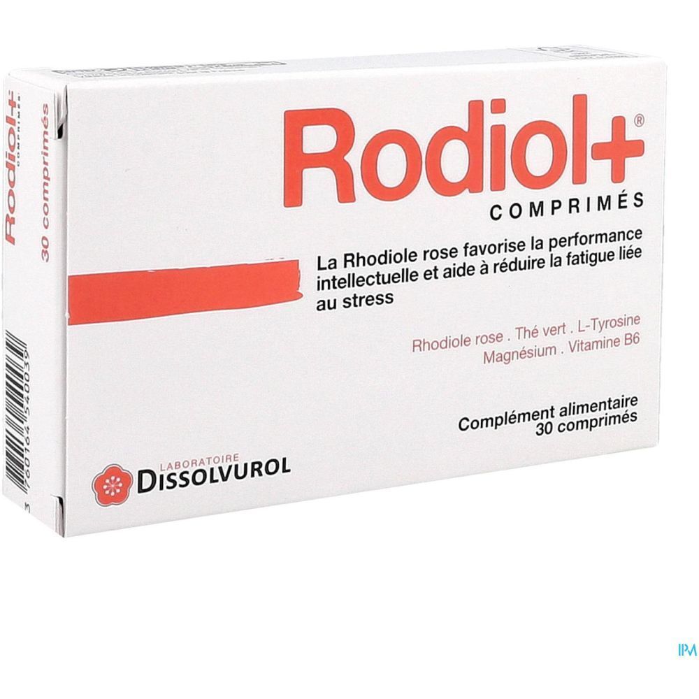 Boîte blanche avec texte rouge Rodiol+ Comprimés. Contient 30 comprimés. Marque Dissolvurol.