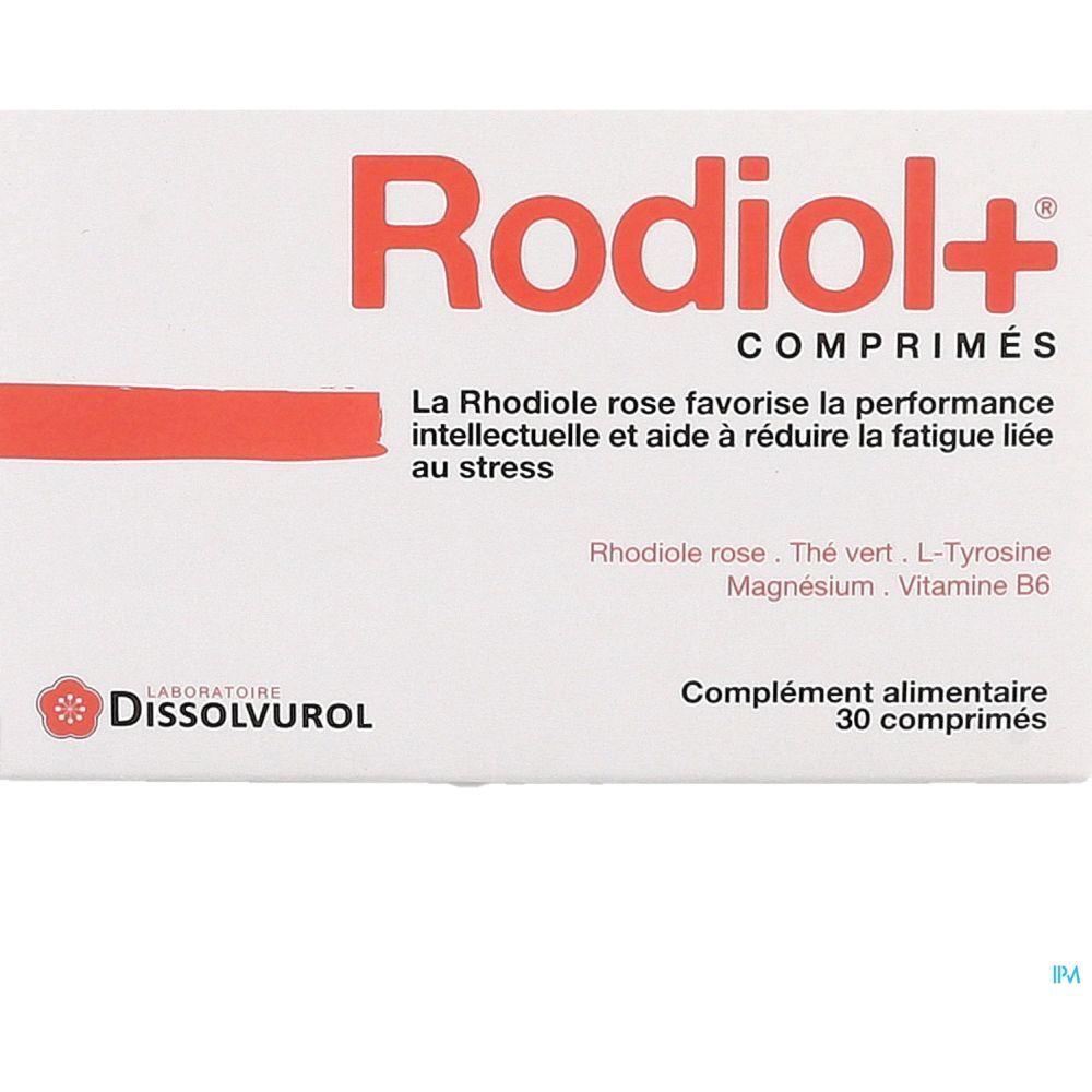 Boîte blanche avec texte rouge Rodiol+ Comprimés. Contient 30 comprimés. Marque Dissolvurol.