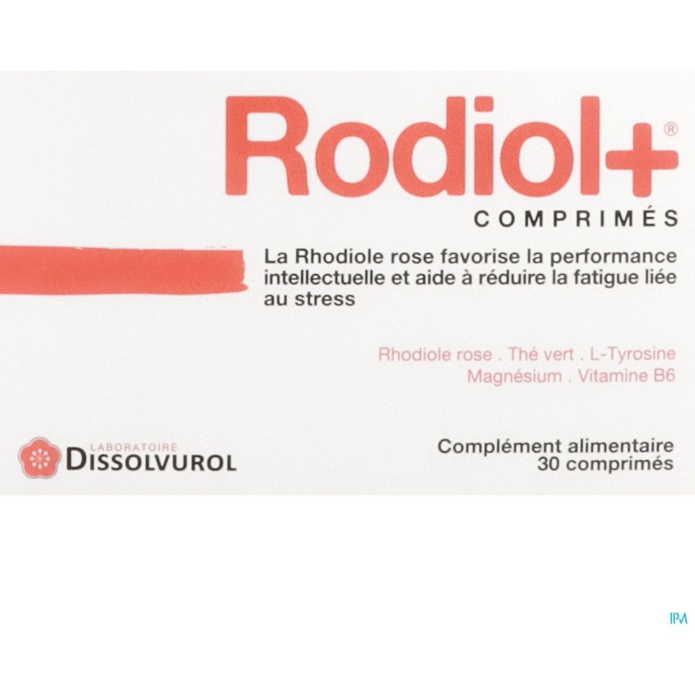 Boîte blanche avec texte rouge Rodiol+ Comprimés. Contient 30 comprimés. Marque Dissolvurol.