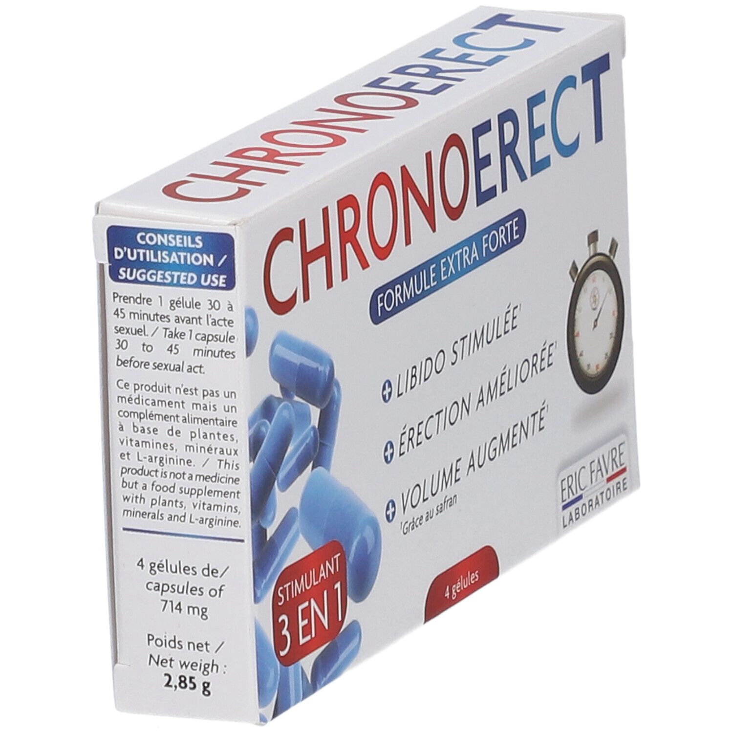Boîte de gélules bleues. Inscription CHRONOERECT, FORMULE EXTRA FORTE. Logo ERIC FAVRE LABORATOIRE. Vue en angle.