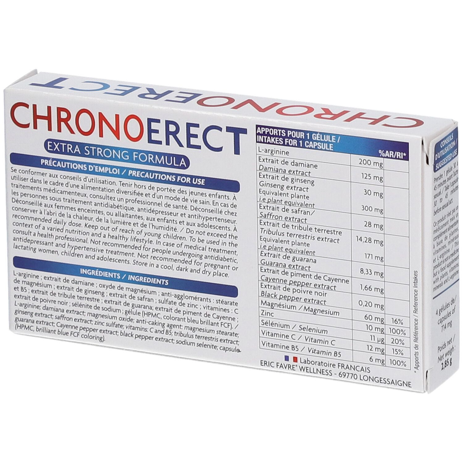 Boîte avec informations. Inscription CHRONOERECT, EXTRA STRONG FORMULA. Liste des ingrédients et informations nutritionnelles.