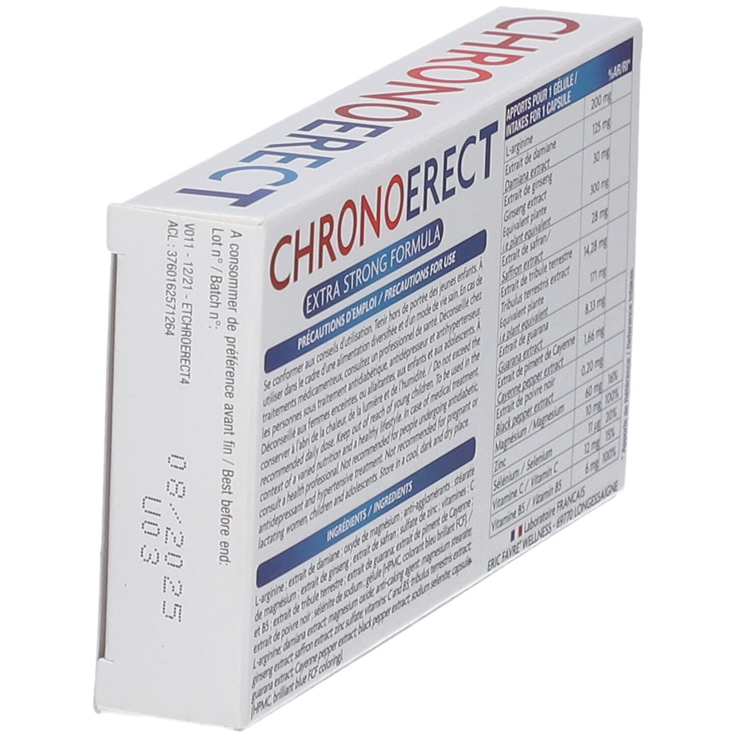 Boîte avec informations. Inscription CHRONOERECT, EXTRA STRONG FORMULA. Liste des ingrédients et informations nutritionnelles. Vue en angle.