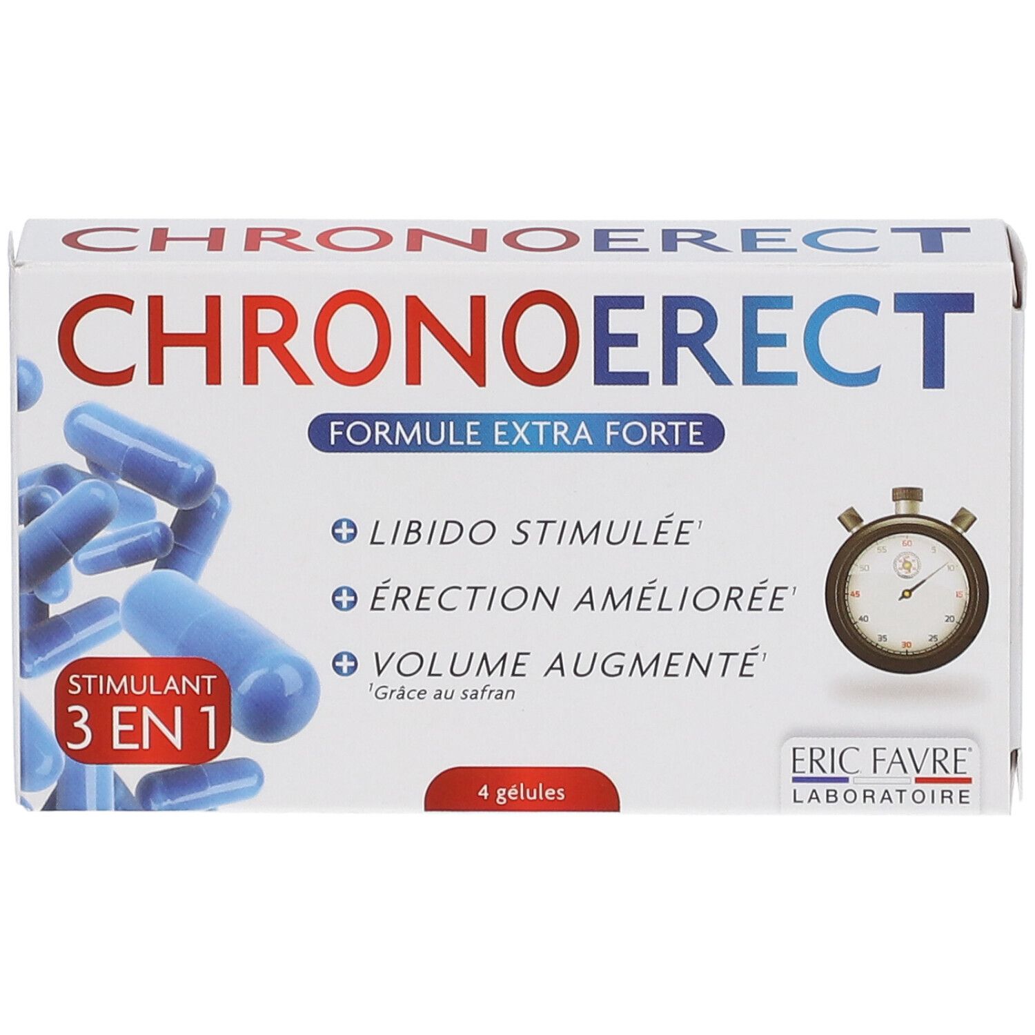 Boîte de gélules bleues. Inscription CHRONOERECT, FORMULE EXTRA FORTE. Logo ERIC FAVRE LABORATOIRE.