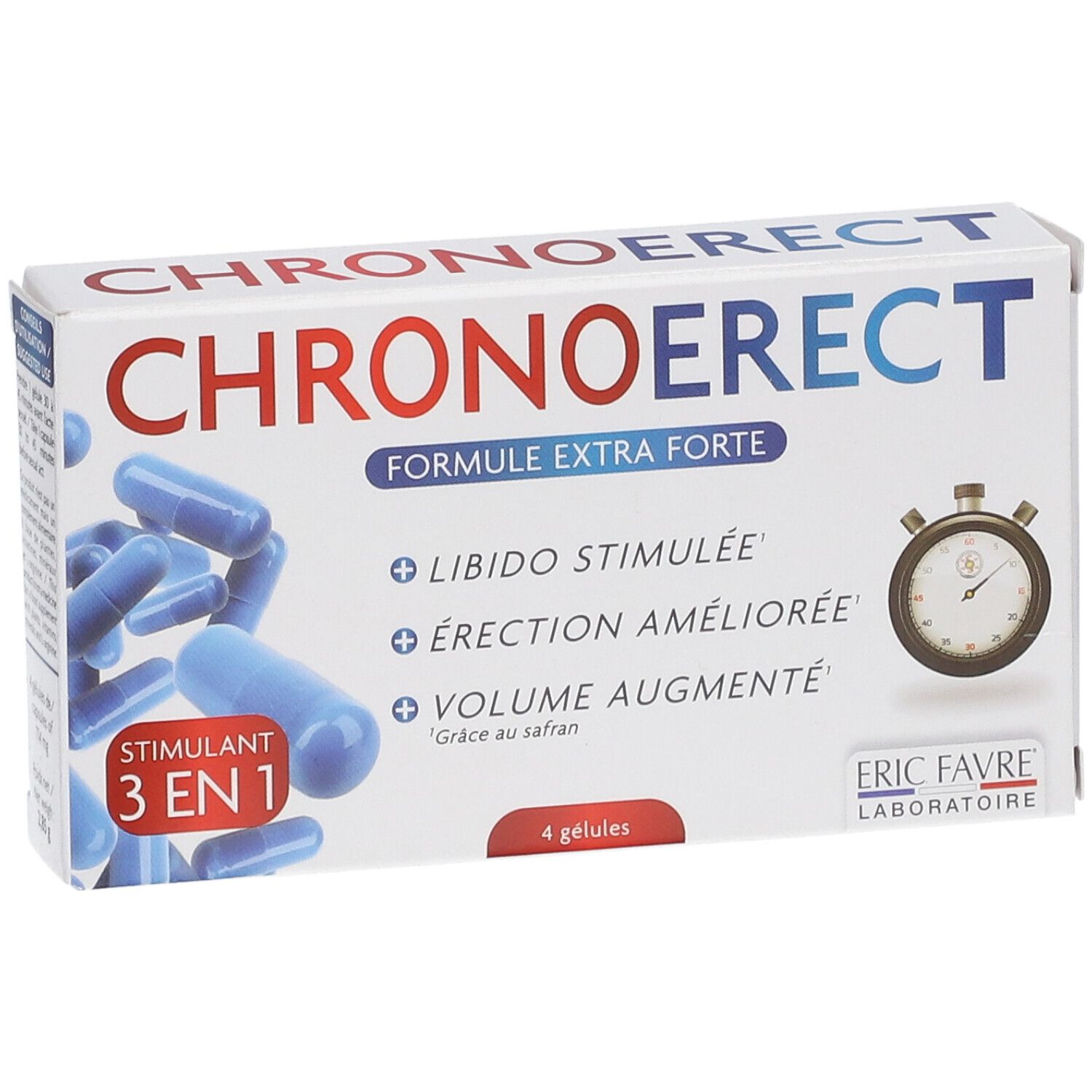 Boîte de gélules bleues. Inscription CHRONOERECT, FORMULE EXTRA FORTE. Logo ERIC FAVRE LABORATOIRE.