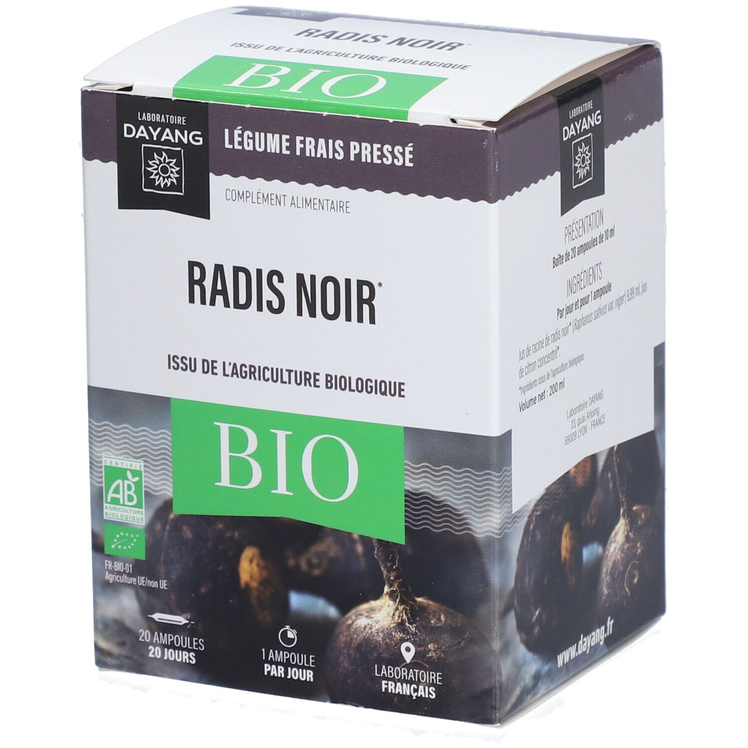 Schachtel mit 'Radis Noir BIO'. Grün-weiße Verpackung mit Logo und Text. Französische Bio-Zertifizierung.