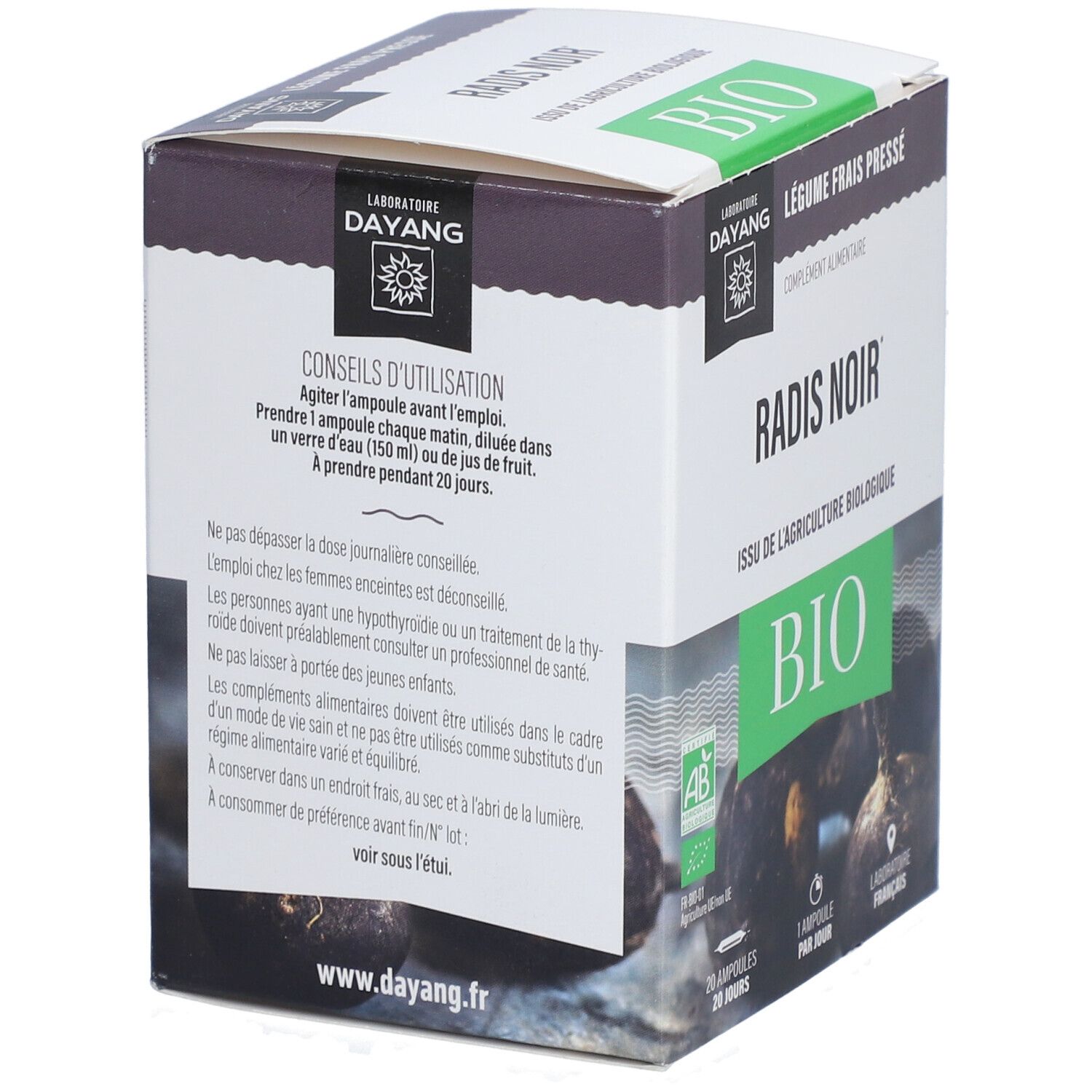 Schachtel 'Radis Noir BIO' mit Gebrauchsanweisung. Text in Französisch. Bio-Zertifizierung. Logo 'DAYANG'.