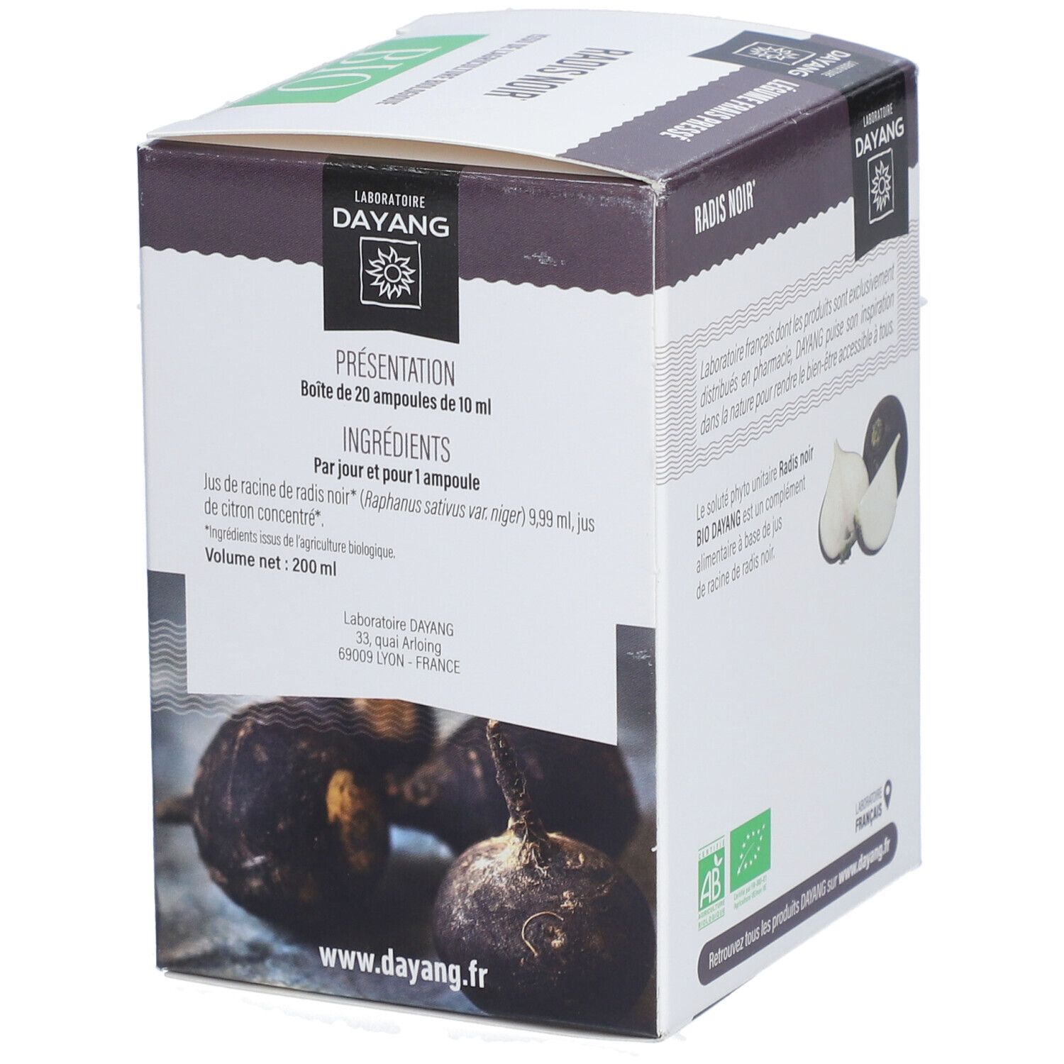 Schachtel 'Radis Noir BIO' mit Inhaltsangaben. Text in Französisch. Abbildung von Rettich. Logo 'DAYANG'.