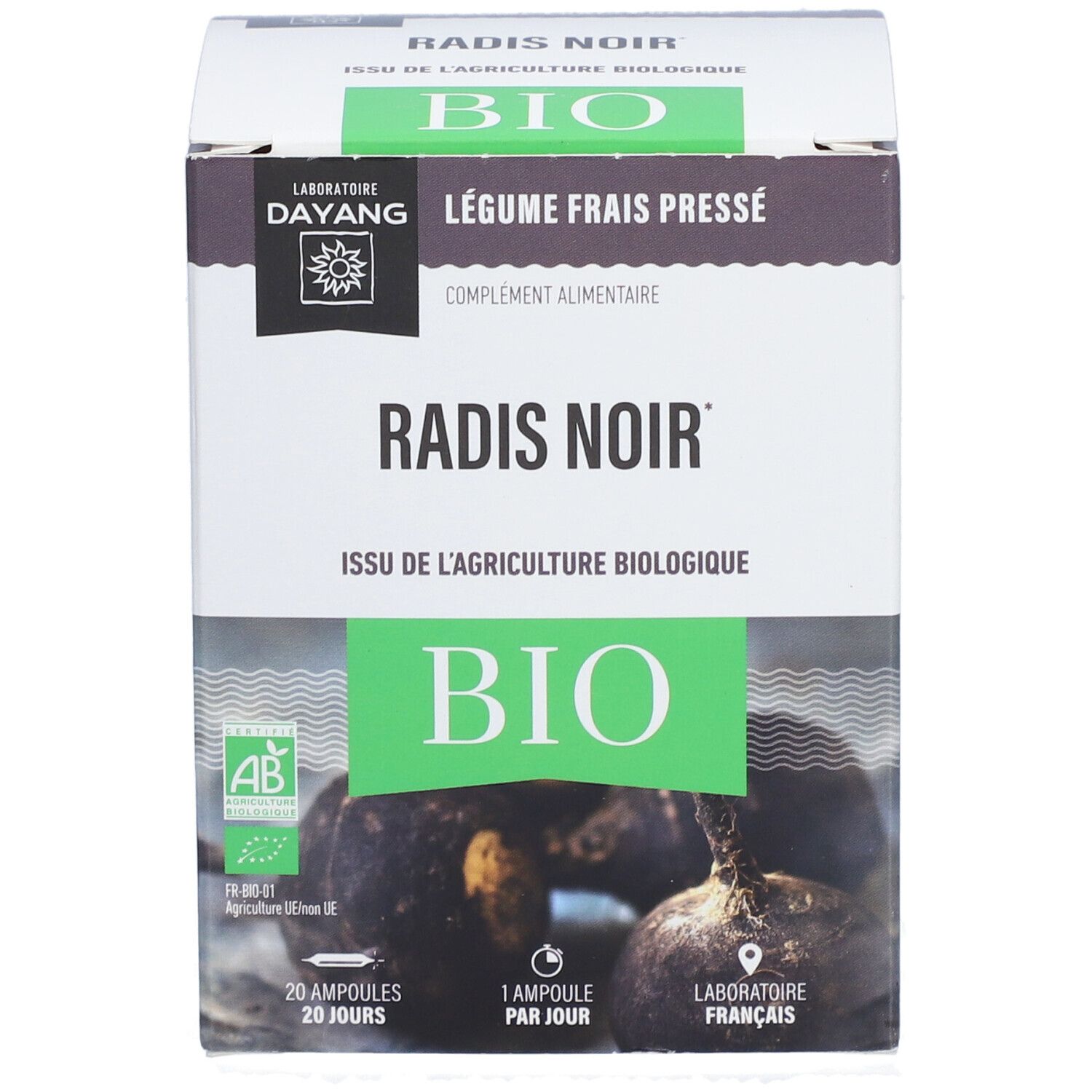 Schachtel 'Radis Noir BIO'. Grün-weiße Verpackung mit Logo und Text. Französische Bio-Zertifizierung.