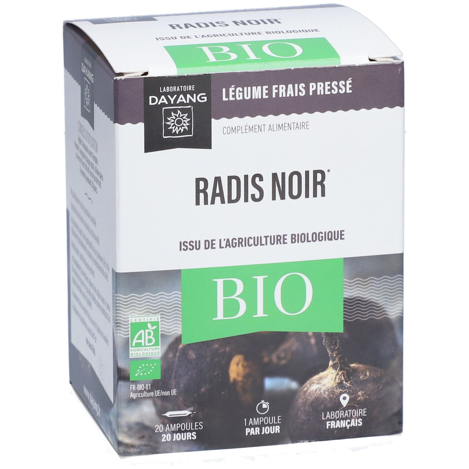 Schachtel 'Radis Noir BIO'. Grün-weiße Verpackung mit Logo und Text. Französische Bio-Zertifizierung.