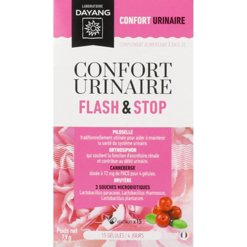 Boîte rose avec nom du produit et logo. Contient 15 gélules. Texte en français.