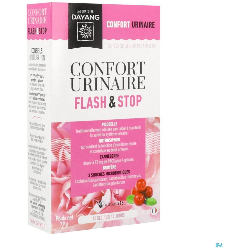Boîte rose avec nom du produit et logo. Contient 15 gélules. Texte en français.