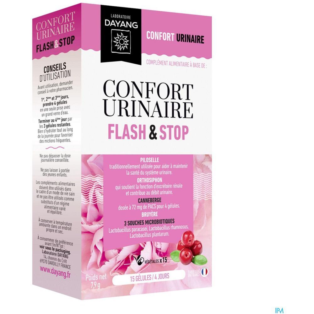 Boîte rose avec nom du produit et logo. Contient 15 gélules. Texte en français.