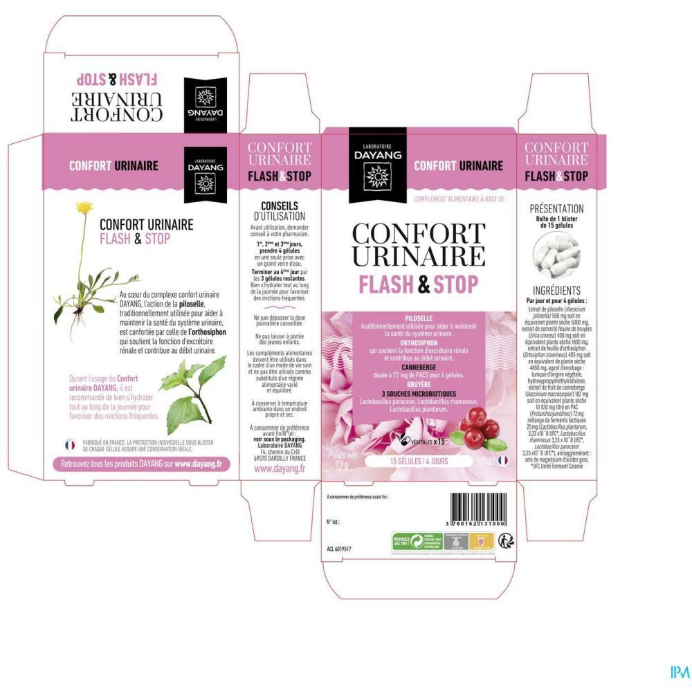 Emballage rose déplié avec nom du produit et logo. Texte en français.