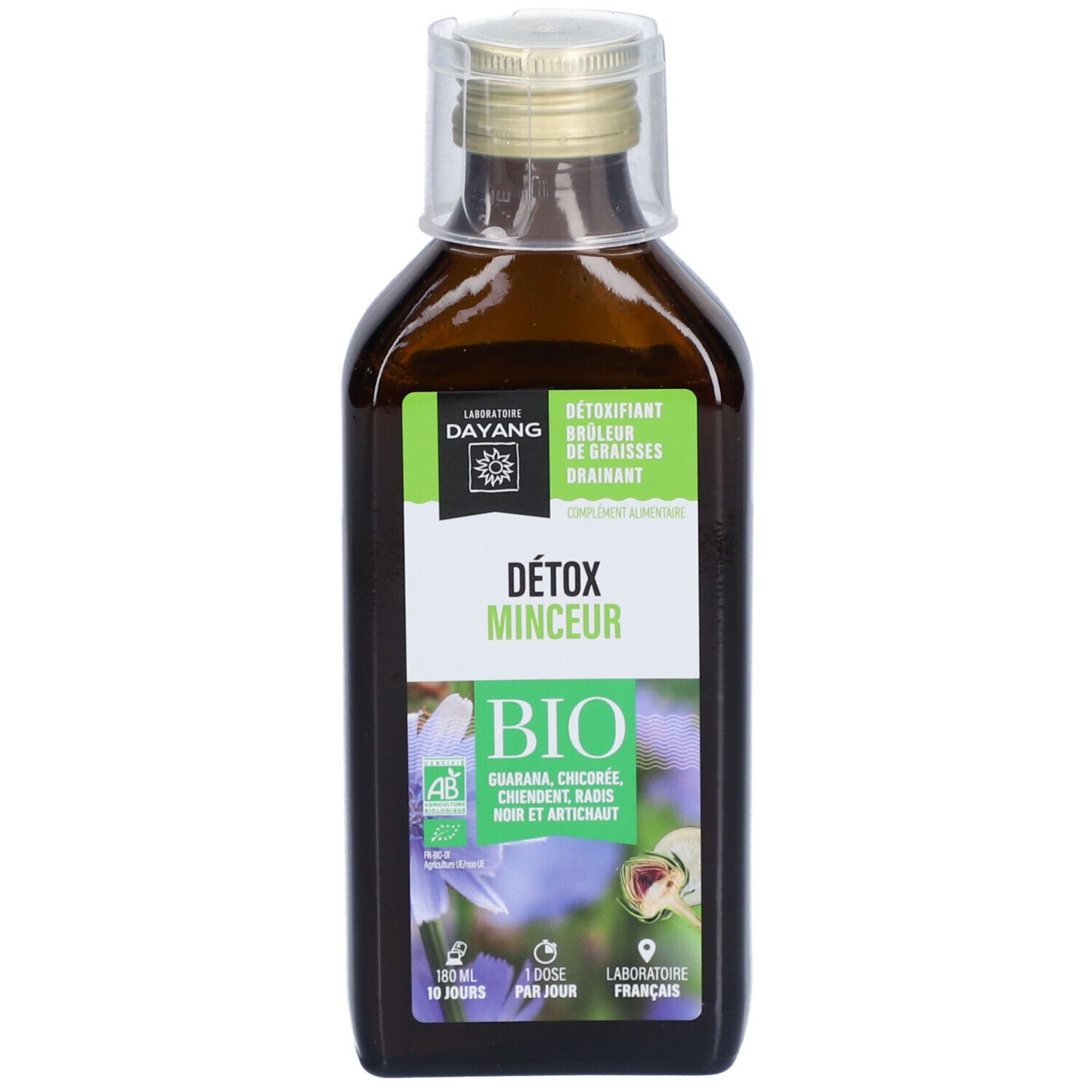 Flacon brun avec bouchon doré. Étiquette avec nom du produit et certification bio. Complément alimentaire liquide.
