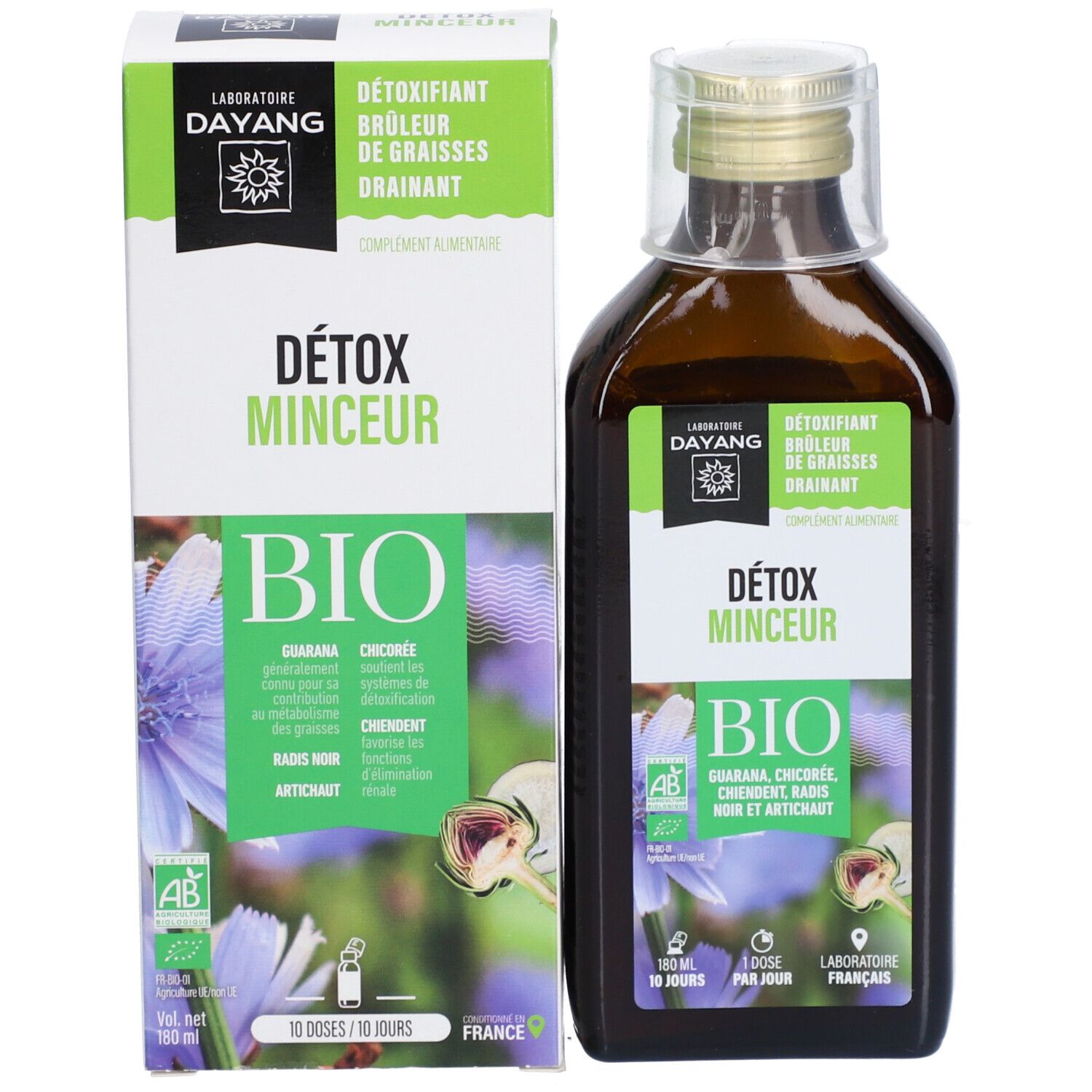 Flacon et emballage côte à côte. Emballage avec nom du produit et certification bio. Complément alimentaire liquide.