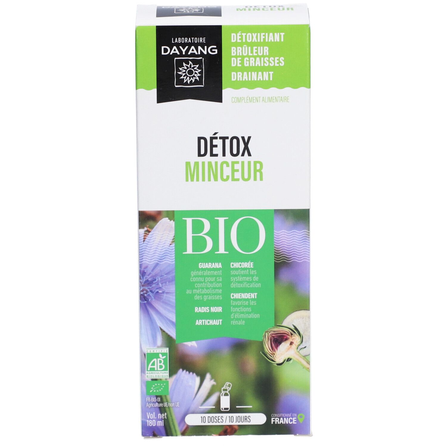 Emballage avec nom du produit et certification bio. Contient des informations sur les ingrédients et l'utilisation. Texte en français.