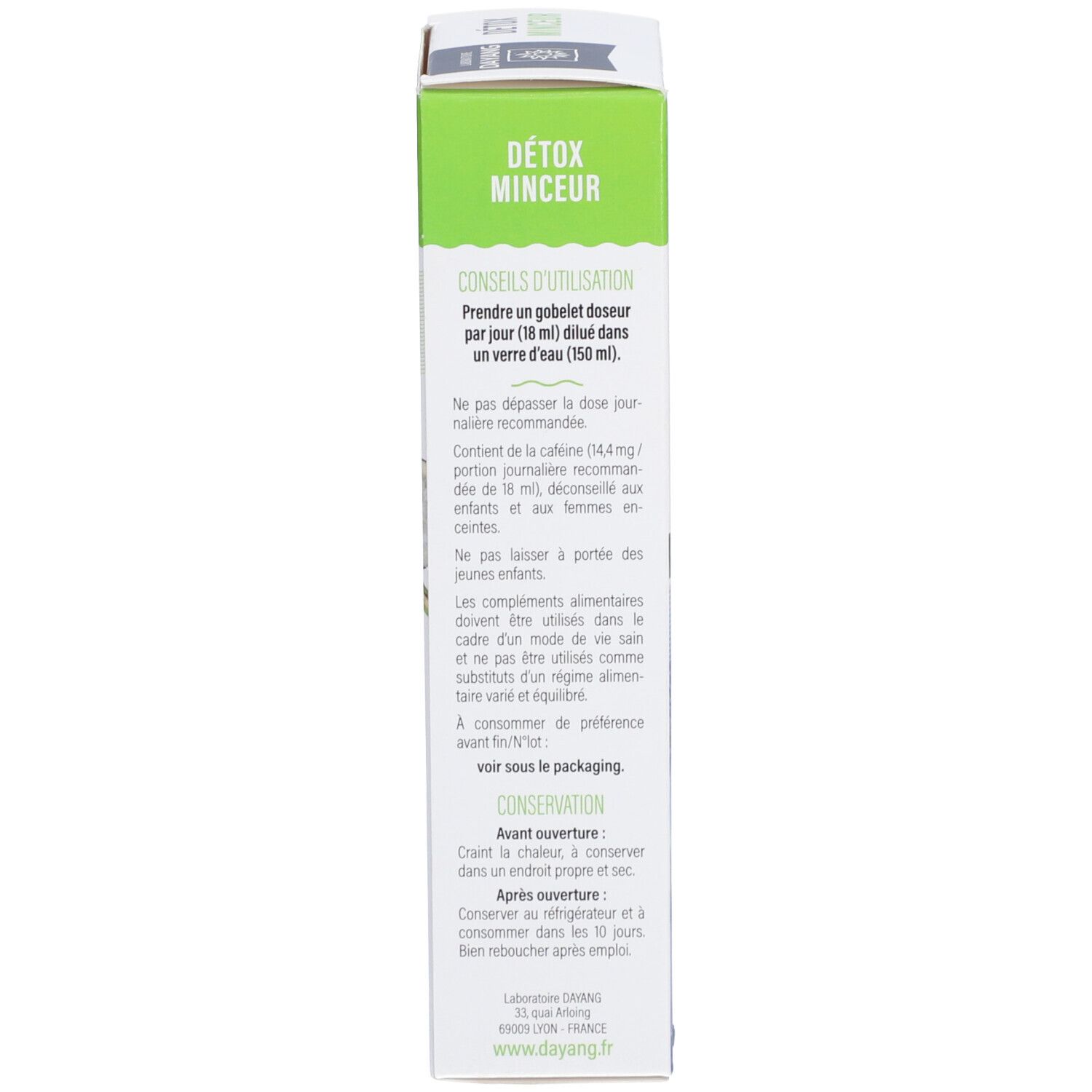 Emballage avec informations sur le produit. Contient des instructions d'utilisation et de stockage. Texte en français.