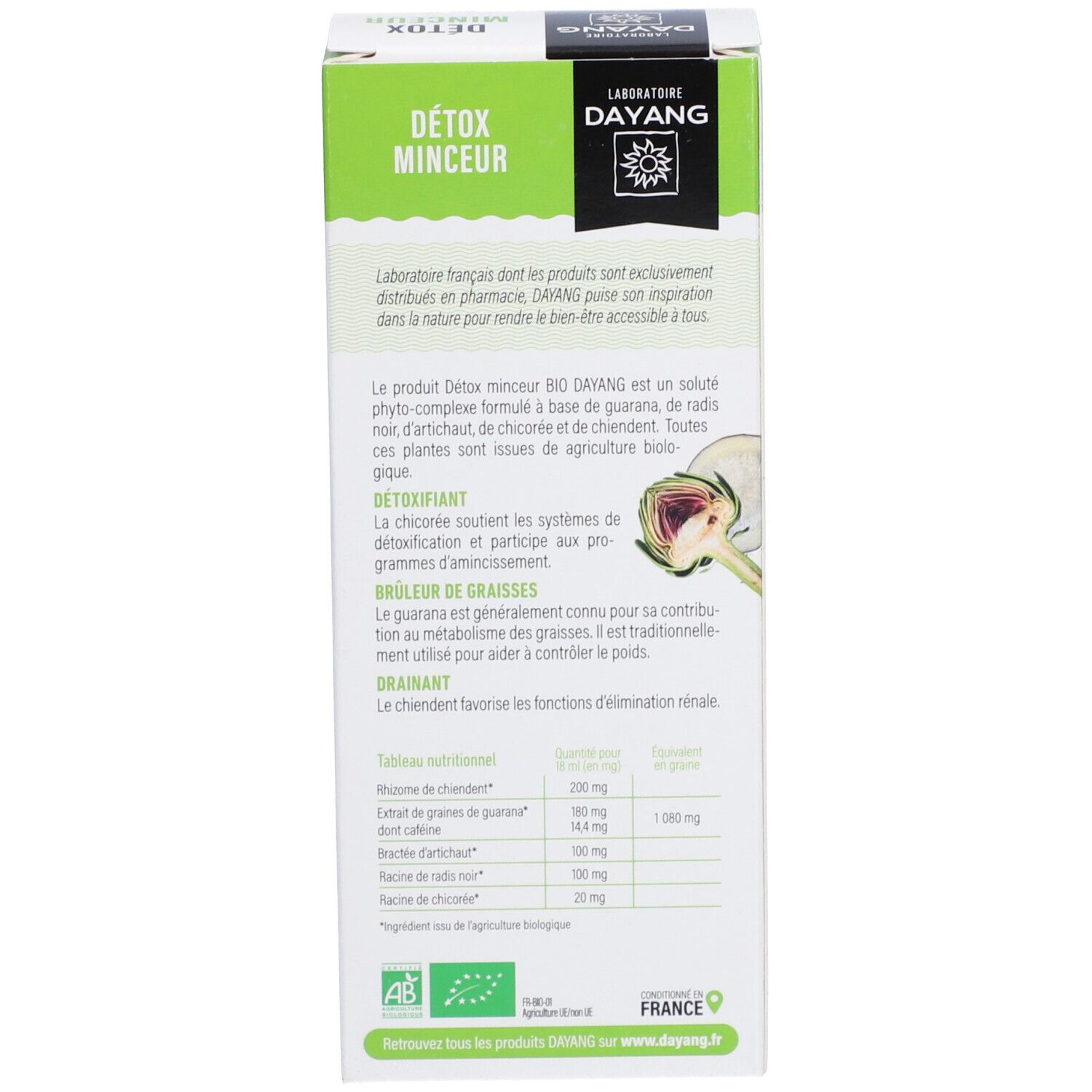Emballage avec description du produit et ingrédients. Texte en français. Certification bio.