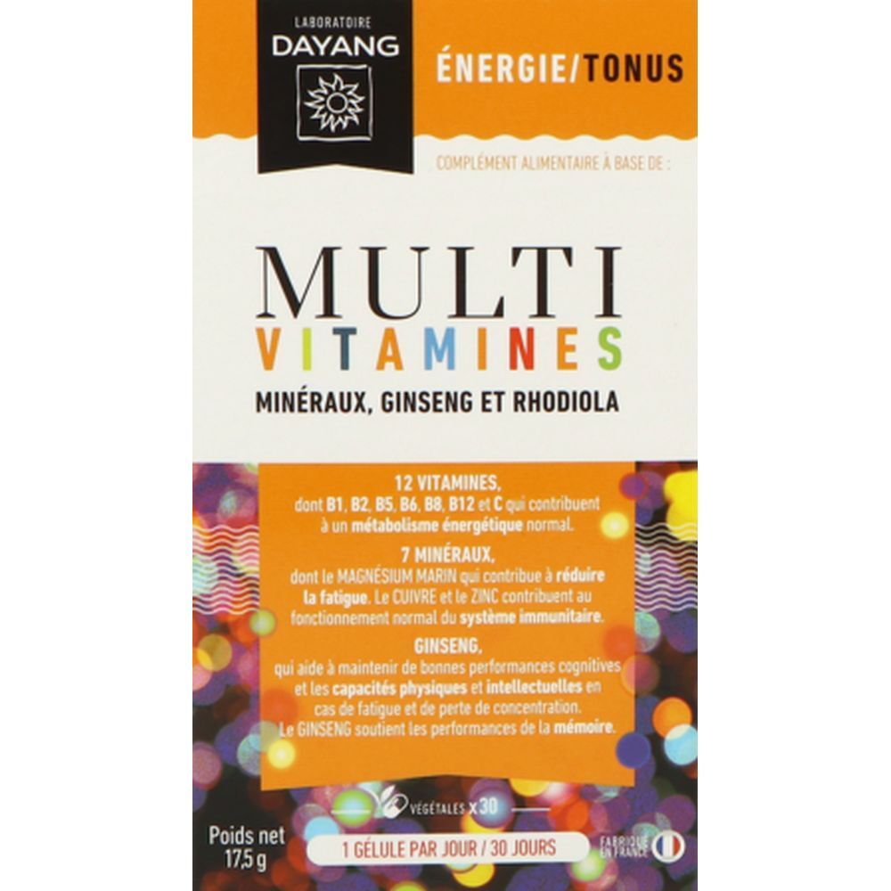 Boîte de Dayang Gélule Multivitamines. Contient multivitamines, minéraux, ginseng et rhodiola. Design orange et blanc.