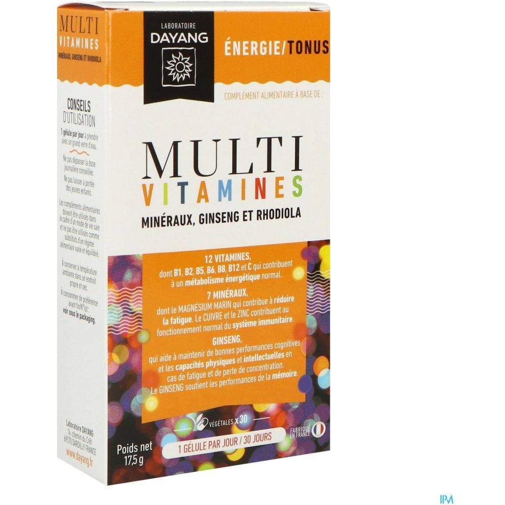 Dayang Gélule Multivitamines, en boîte. Contient multivitamines, minéraux, ginseng et rhodiola. Design orange et blanc.