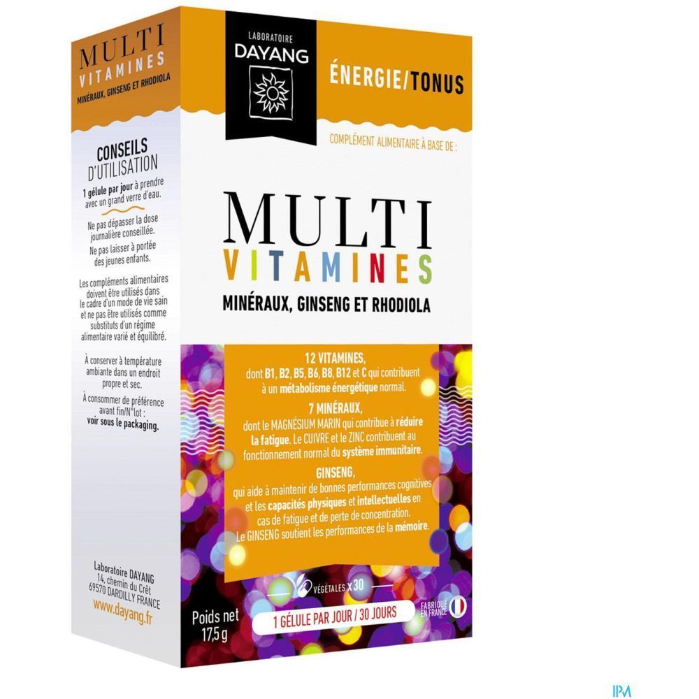 Boîte Dayang Gélule Multivitamines avec texte. Contient multivitamines, minéraux, ginseng et rhodiola. Design orange et blanc.