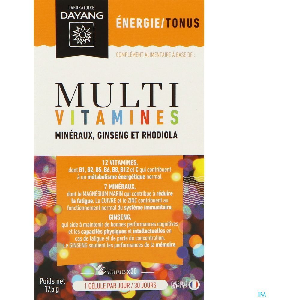 Boîte Dayang Gélule Multivitamines. Contient multivitamines, minéraux, ginseng et rhodiola. Design orange et blanc.