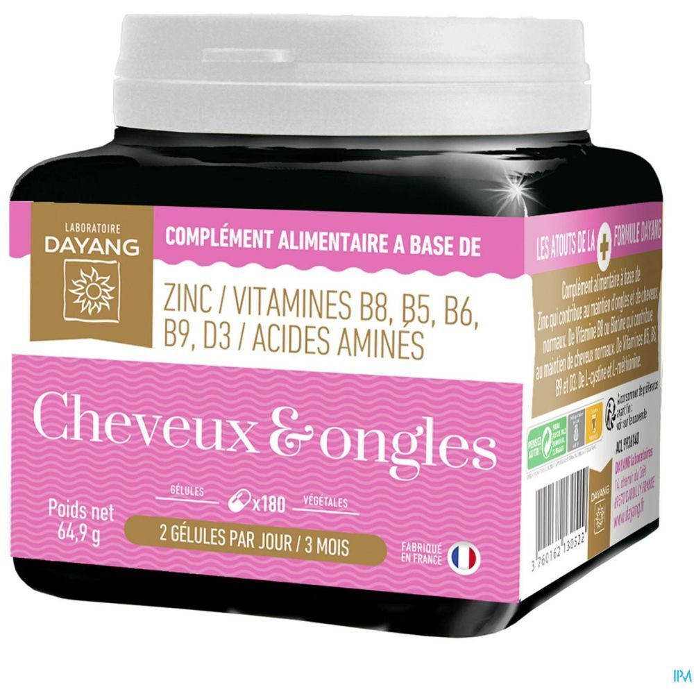 Boîte carrée noire, couvercle blanc. Étiquette rose avec nom et ingrédients. Marque : Dayang.
