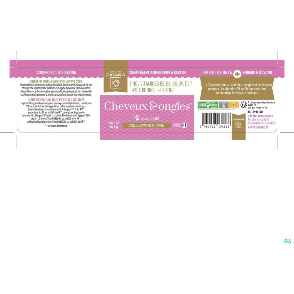Étiquette avec informations produit. Ingrédients et conseils d'utilisation. Marque : Dayang.