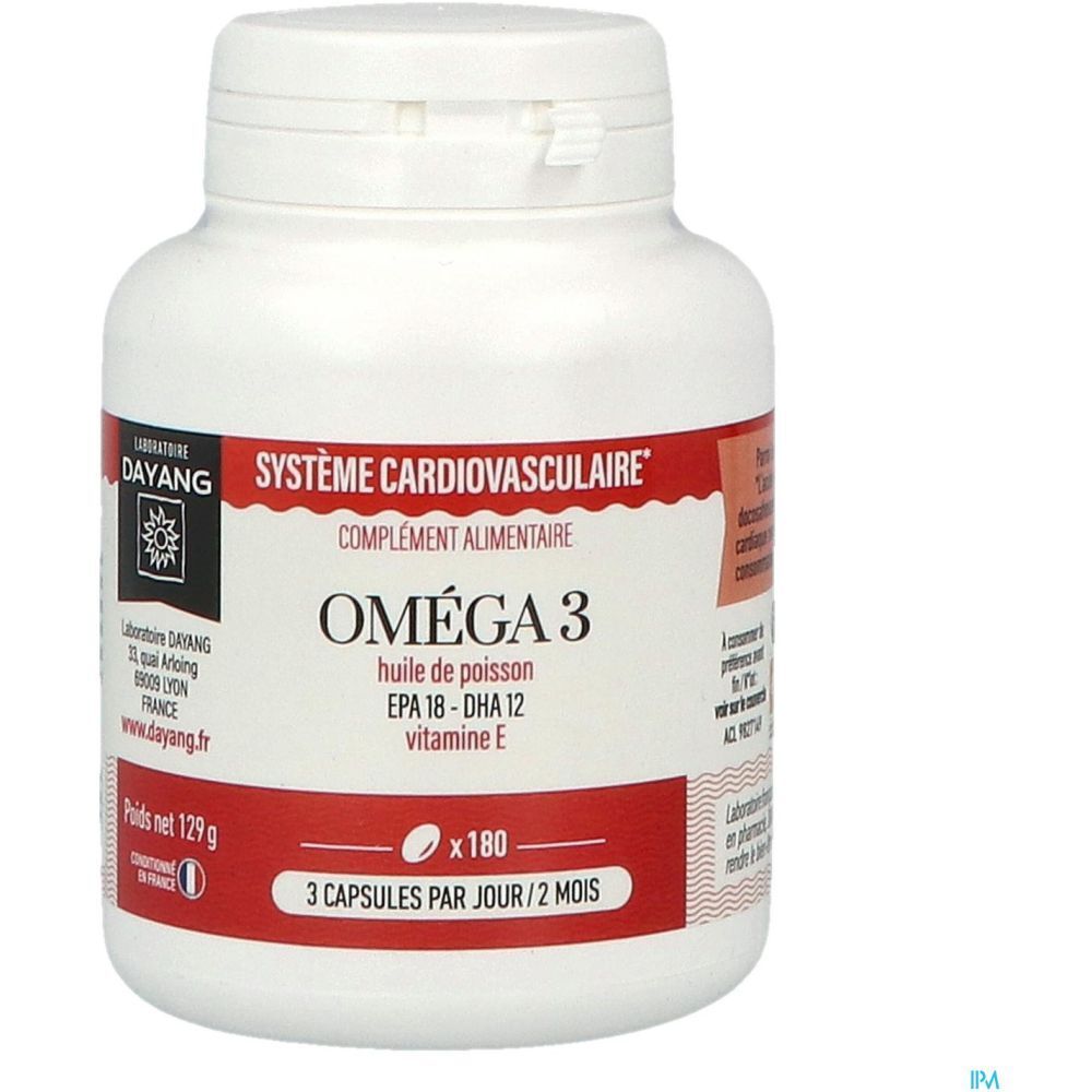 Weiße Flasche mit rotem Etikett. Aufschrift: Oméga 3, EPA 18 DHA 12, Vitamin E. Enthält 180 Kapseln. Marke: Dayang.