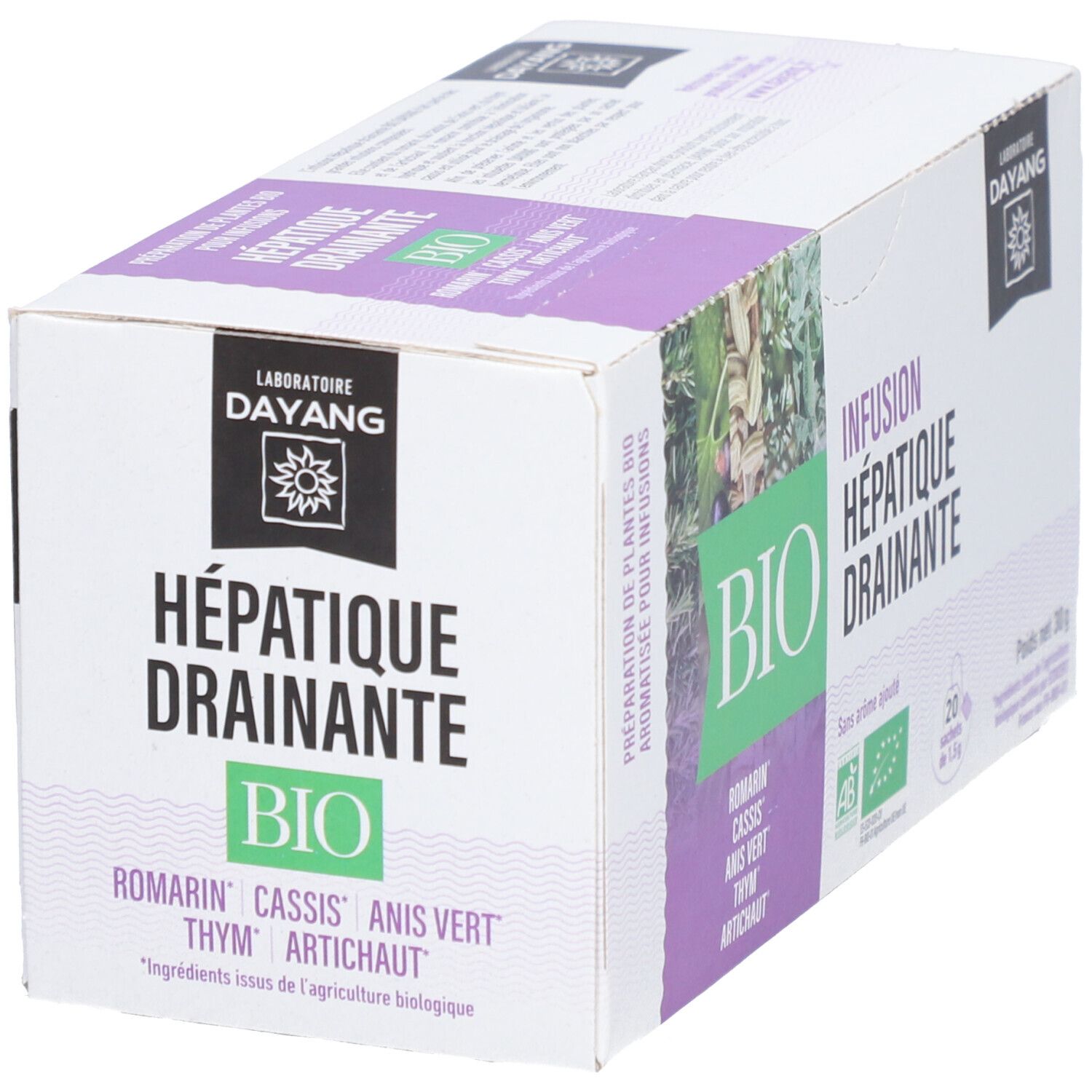 Karton mit Kräutertee. Aufschrift: Infusion Hépatique Drainante BIO. Enthält 20 Beutel. AB- und EU-Bio-Siegel.