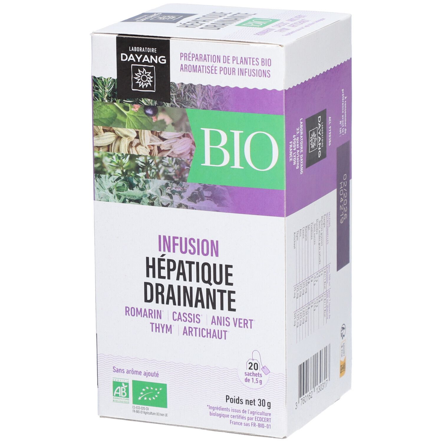 Karton mit Kräutertee. Aufschrift: Infusion Hépatique Drainante BIO. Enthält 20 Beutel. AB- und EU-Bio-Siegel.