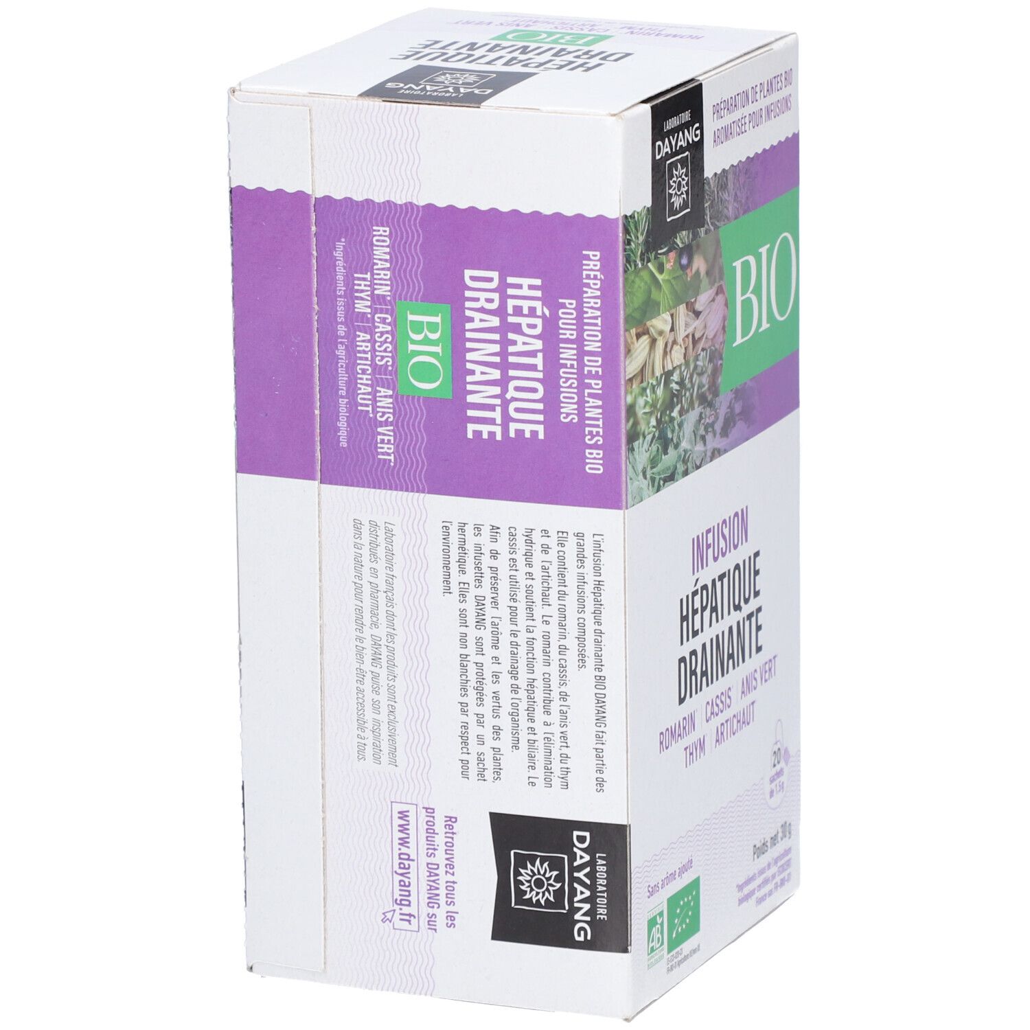 Karton mit Kräutertee. Aufschrift: Infusion Hépatique Drainante BIO. Enthält 20 Beutel. AB- und EU-Bio-Siegel.