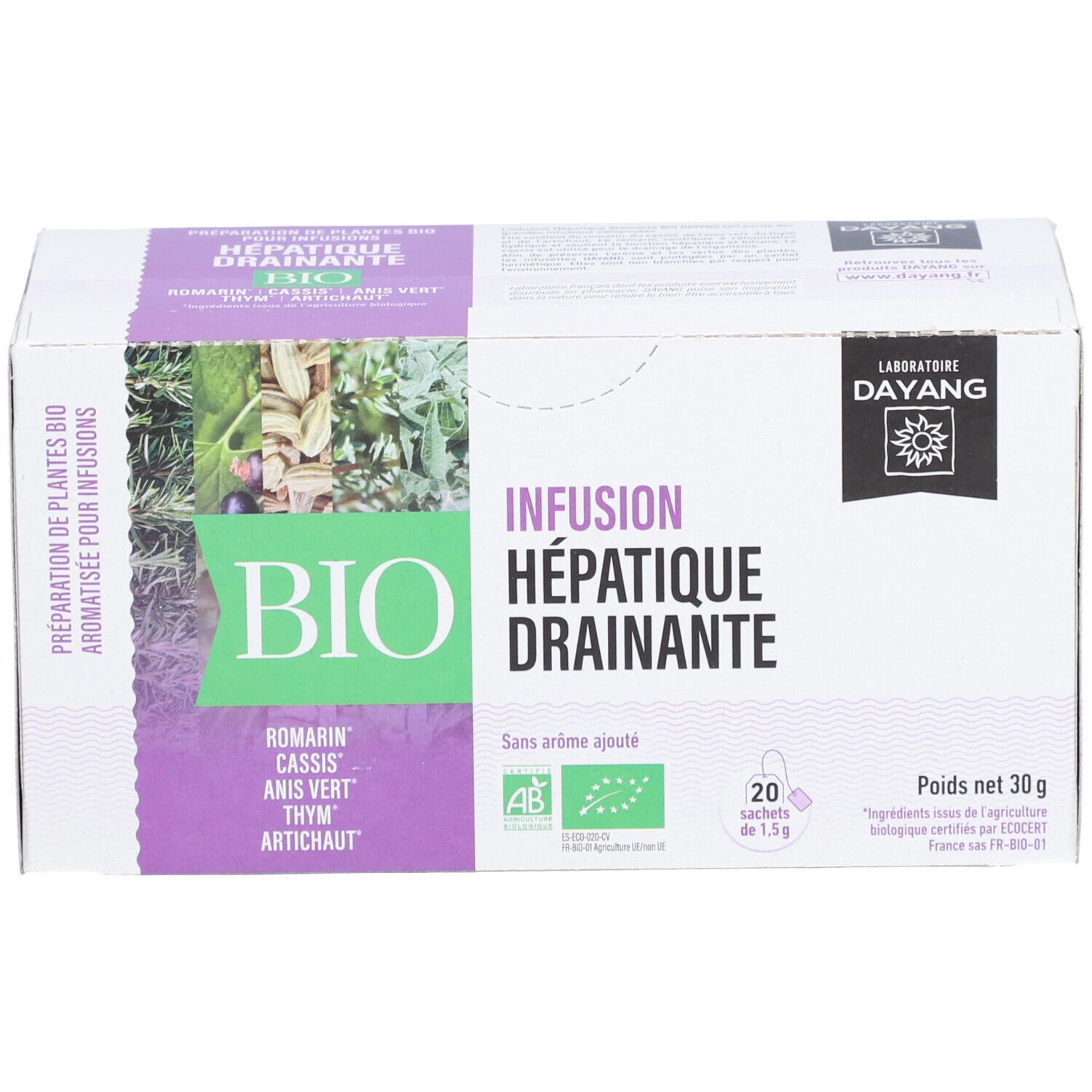 Karton mit Kräutertee. Aufschrift: Infusion Hépatique Drainante BIO. Enthält 20 Beutel. AB- und EU-Bio-Siegel.