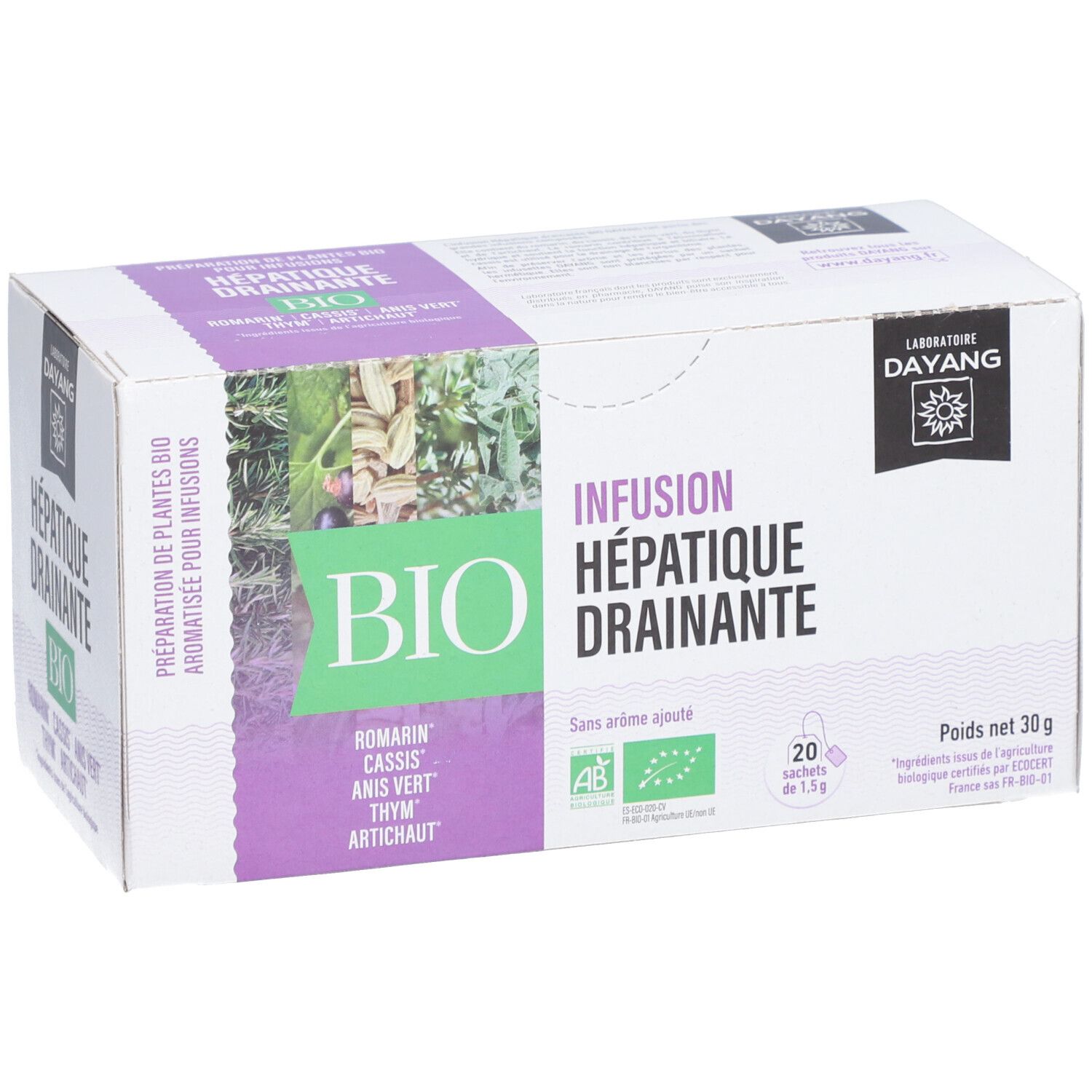 Karton mit Kräutertee. Aufschrift: Infusion Hépatique Drainante BIO. Enthält 20 Beutel. AB- und EU-Bio-Siegel.