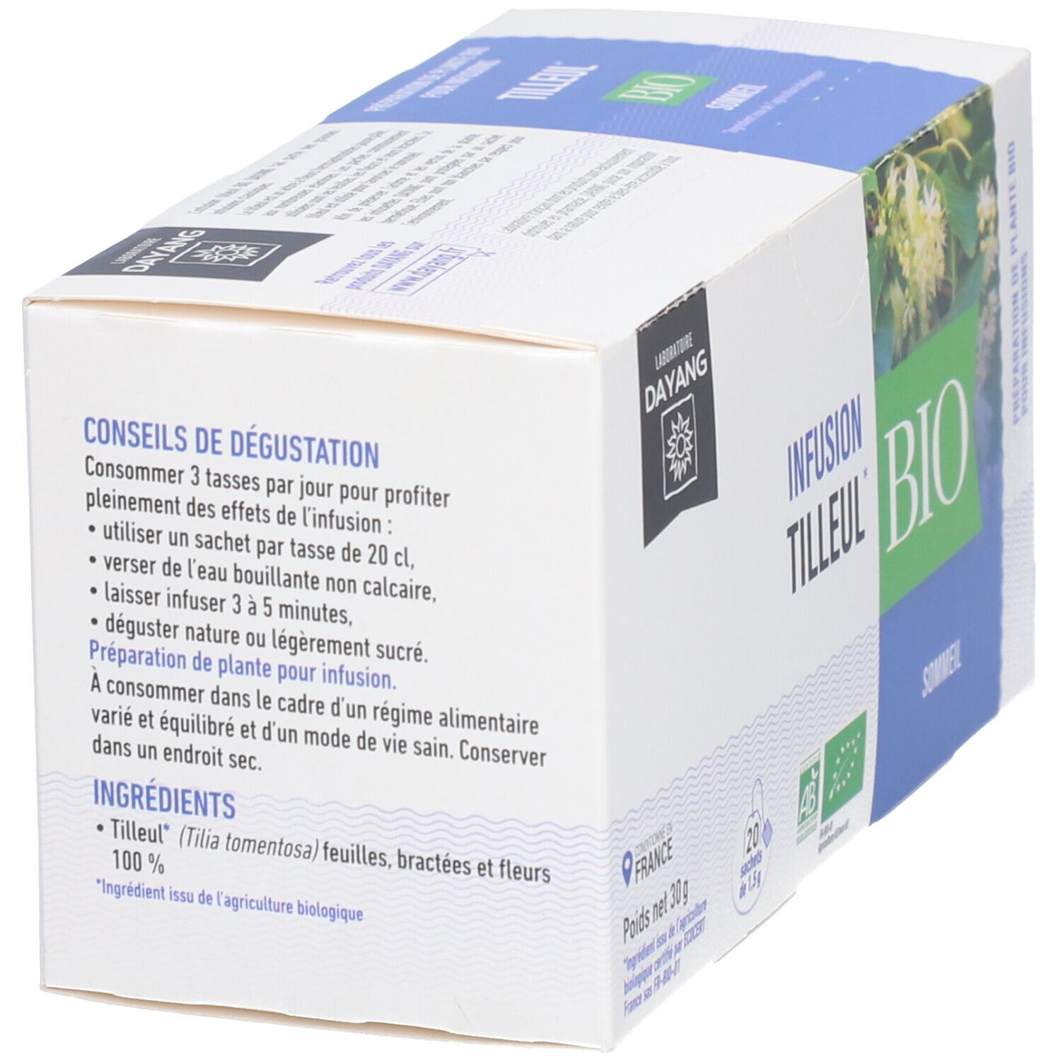 Rückseite der Verpackung von DAYANG Kräutertee Lindenblüte BIO. Text: Zubereitung, Zutaten, Verzehrempfehlung, AB-Bio-Siegel.