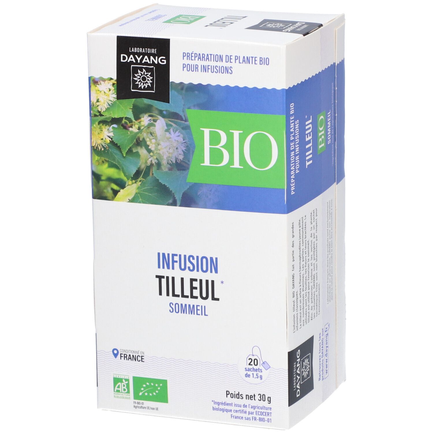 Verpackung von DAYANG Kräutertee Lindenblüte BIO. Aufdrucke: Infusion Tilleul BIO, 20 Beutel, AB-Bio-Siegel, Bild von Lindenblüten.