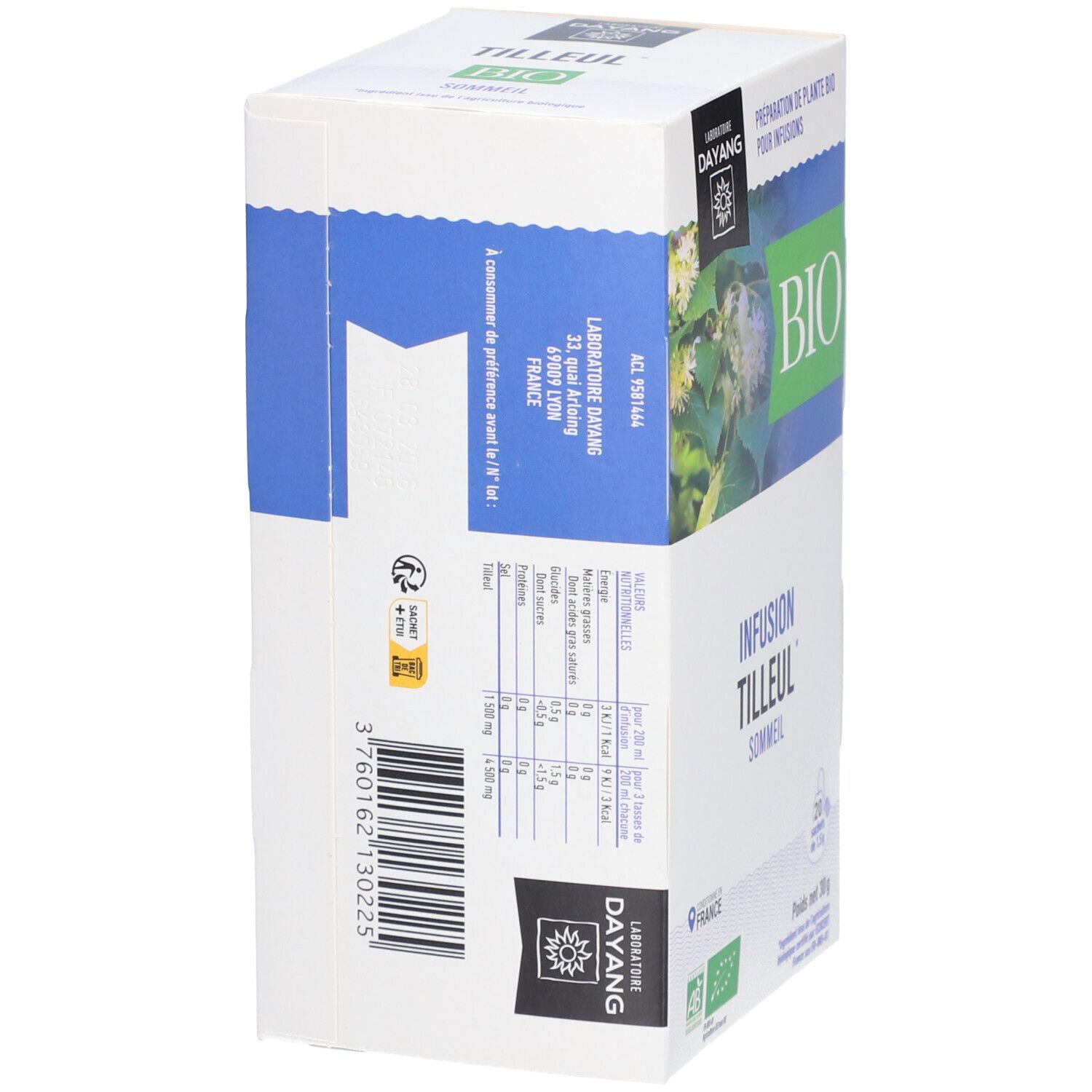 Seitenansicht der Verpackung von DAYANG Kräutertee Lindenblüte BIO. Text: Nährwertangaben, Herstelleradresse, AB-Bio-Siegel.