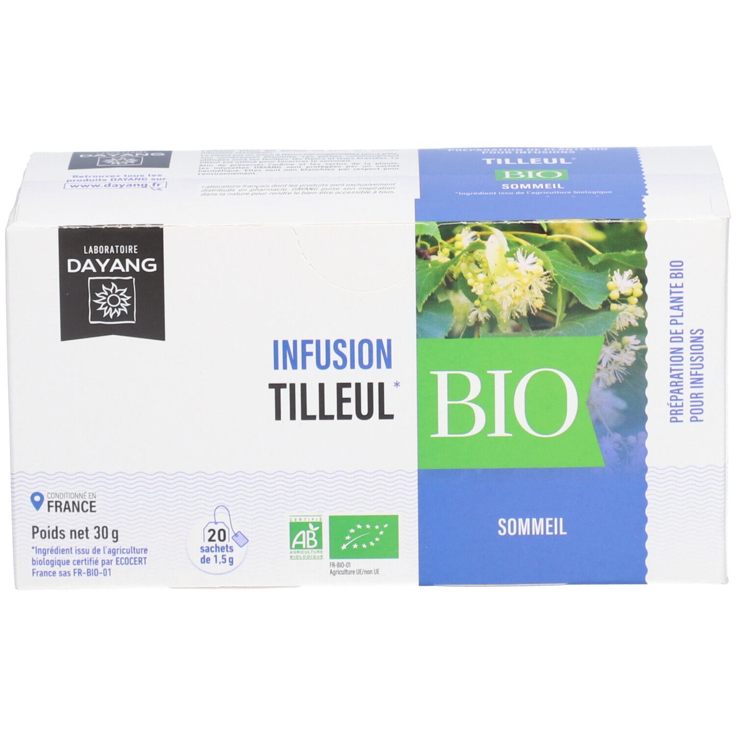 Verpackung von DAYANG Kräutertee Lindenblüte BIO. Aufdrucke: Infusion Tilleul BIO, 20 Beutel, AB-Bio-Siegel, Bild von Lindenblüten.