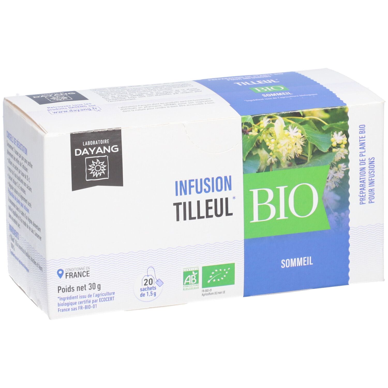 Verpackung von DAYANG Kräutertee Lindenblüte BIO. Aufdrucke: Infusion Tilleul BIO, 20 Beutel, AB-Bio-Siegel, Bild von Lindenblüten.