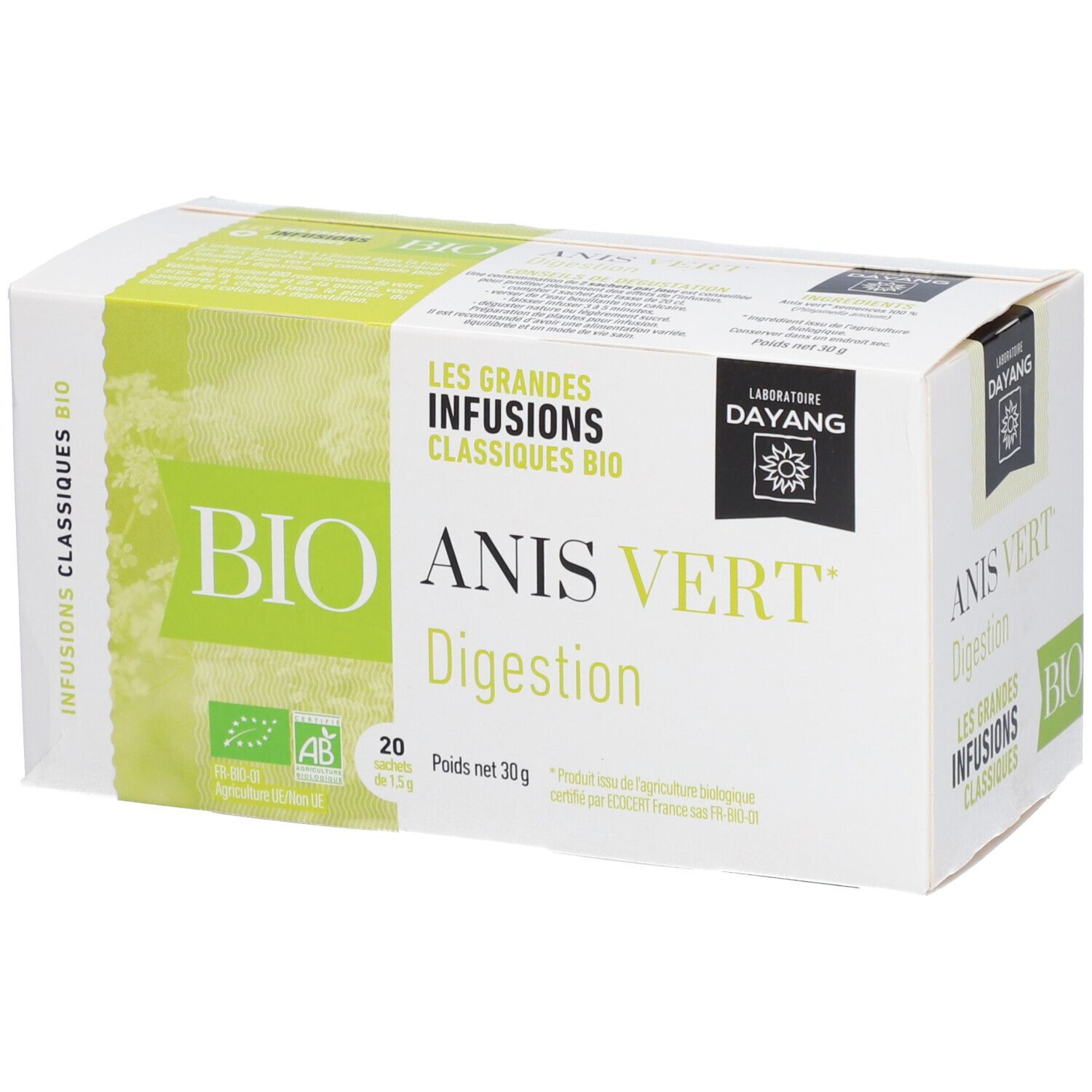 Boîte blanche et verte. Inscription BIO Anis Vert Digestion. Labels AB, 20 sachets, 30g. Marque DAYANG.