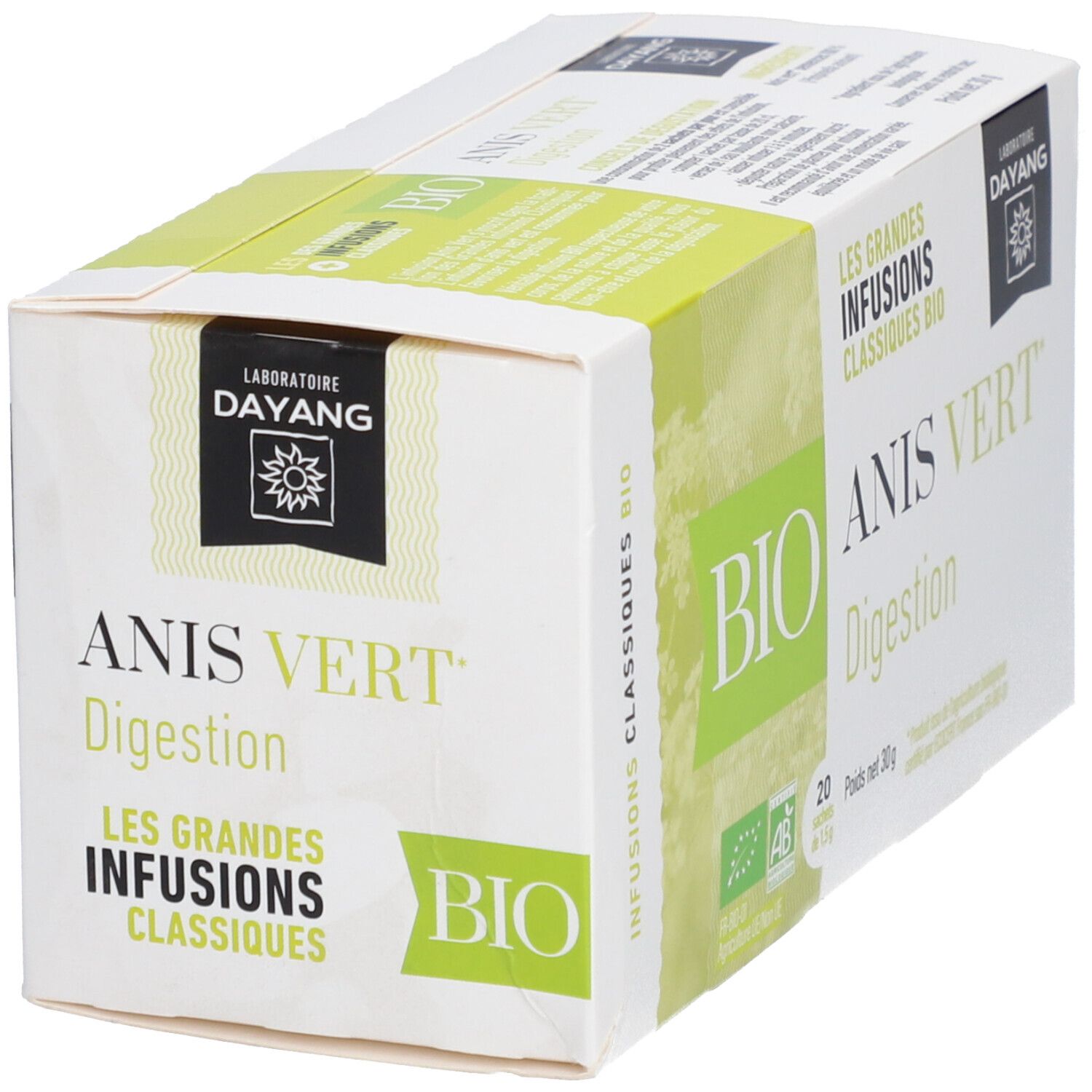 Boîte blanche et verte en biais. Inscription BIO Anis Vert Digestion. Marque DAYANG.