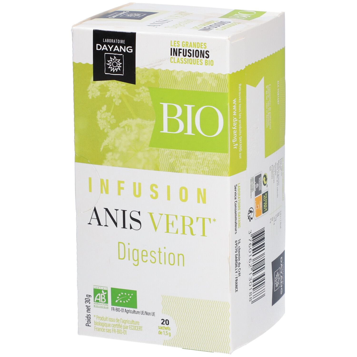 Boîte blanche et verte. Inscription BIO Anis Vert Digestion. Labels AB, 20 sachets, 30g. Marque DAYANG.
