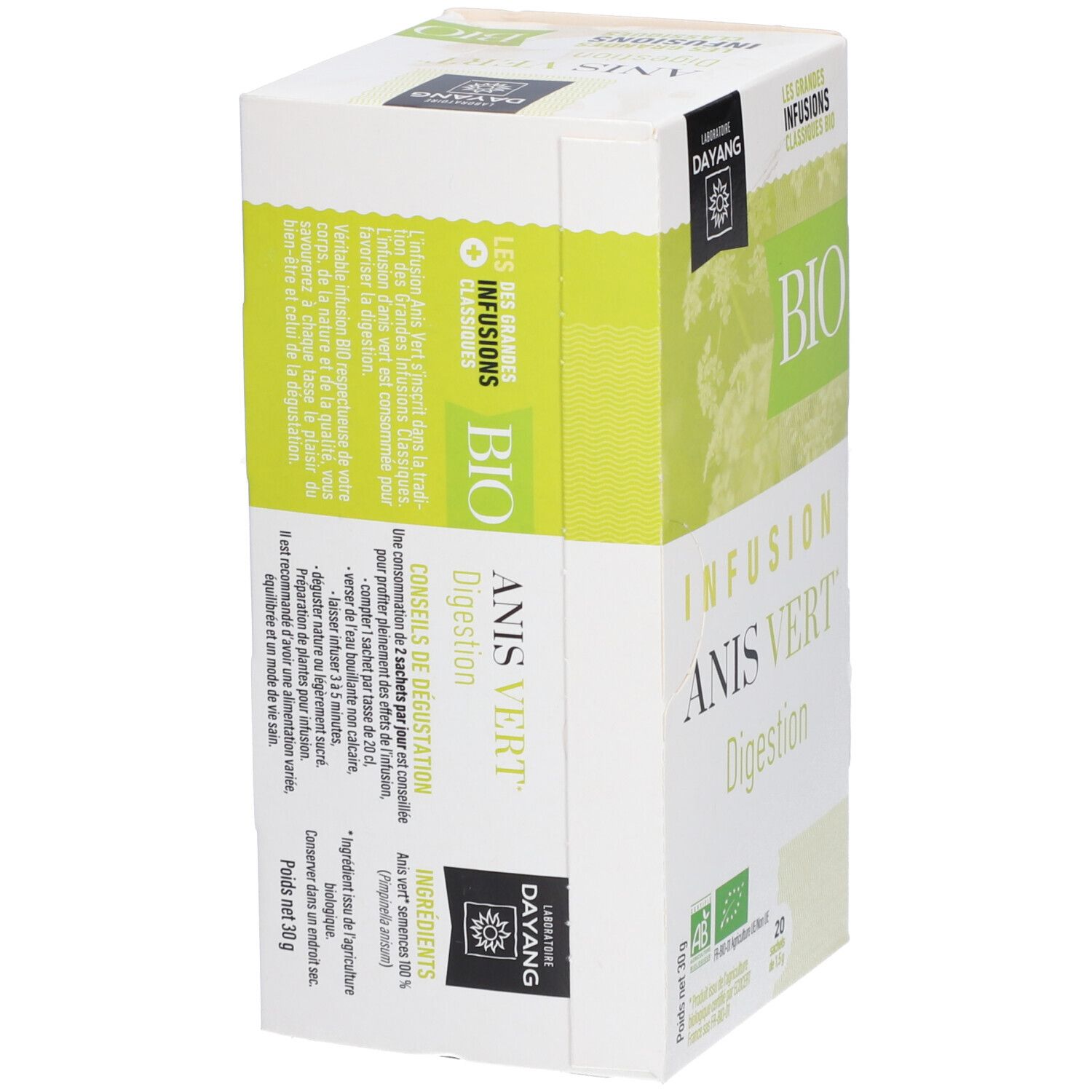 Boîte blanche et verte. Inscription BIO Anis Vert Digestion. Marque DAYANG. Texte et ingrédients.